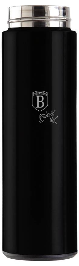 Schwarze isolierte Flasche mit verchromtem Schraubverschluss und kleinem Wappenschild auf der Vorderseite.