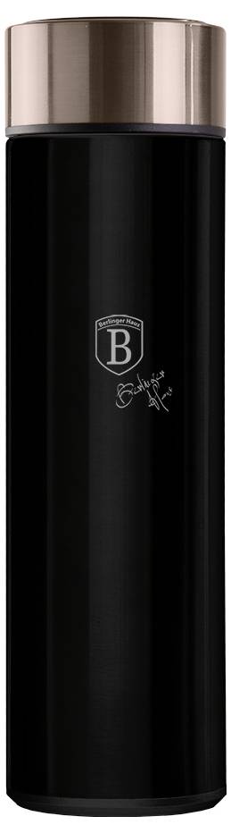 Schwarze zylindrische Flasche mit rosagoldenem Deckel und kleinem zentriertem „B