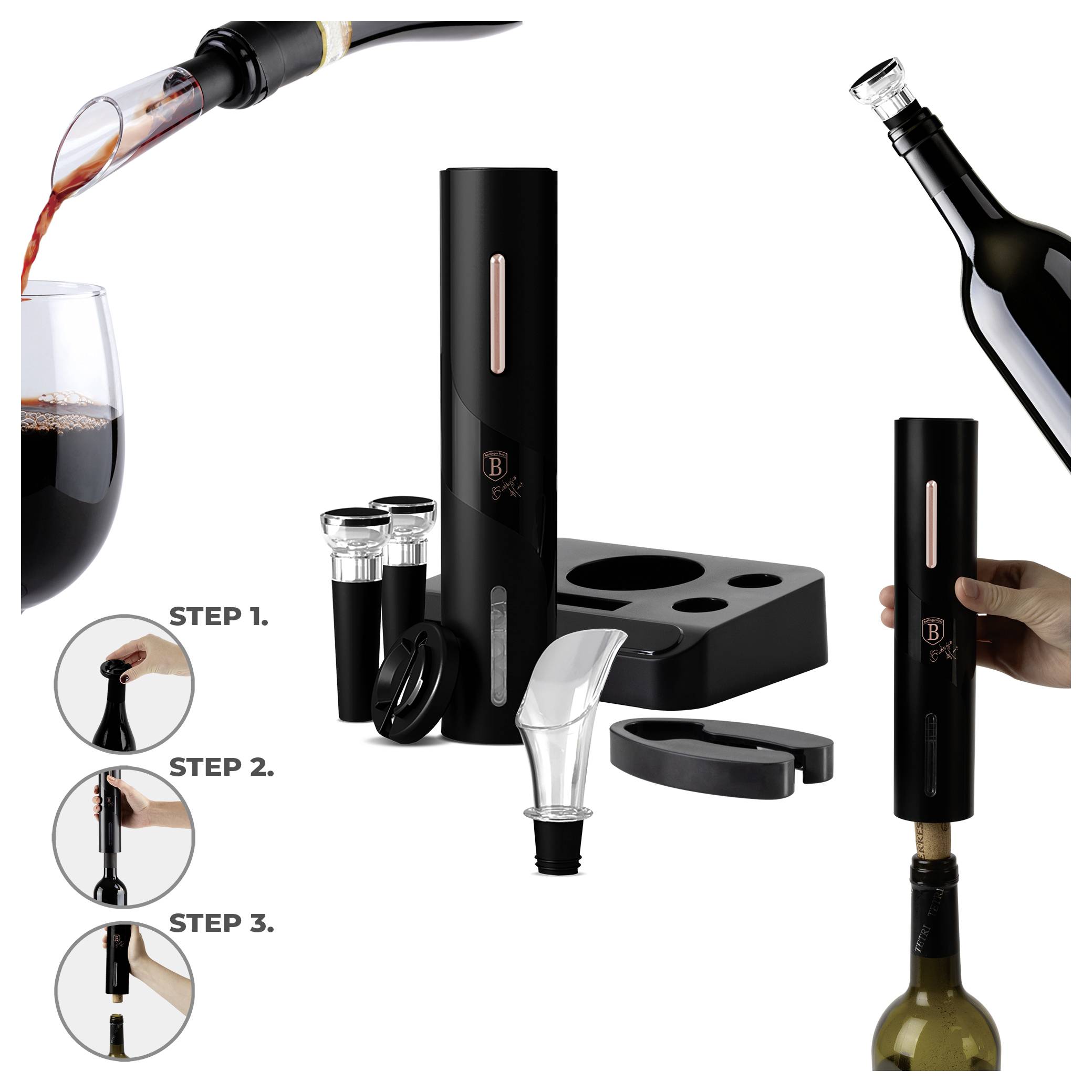 Elektrischer Weinöffner-Set mit Ladestation, zwei Stopfen, Folienschneider, Belüfter-Ausgießer und Schritt-für-Schritt-Anleitung zum Öffnen und Eingießen von Wein.