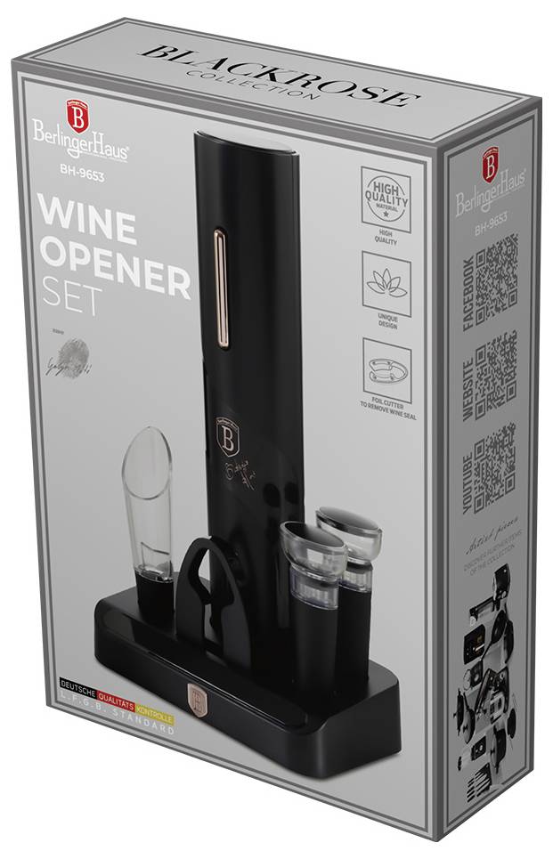 Produktverpackung für Beringer Haus 'Weinöffner-Set' aus der Black Rose Collection, das einen schwarzen elektrischen Öffner mit Ladebasis und zwei Folienschneider zeigt.