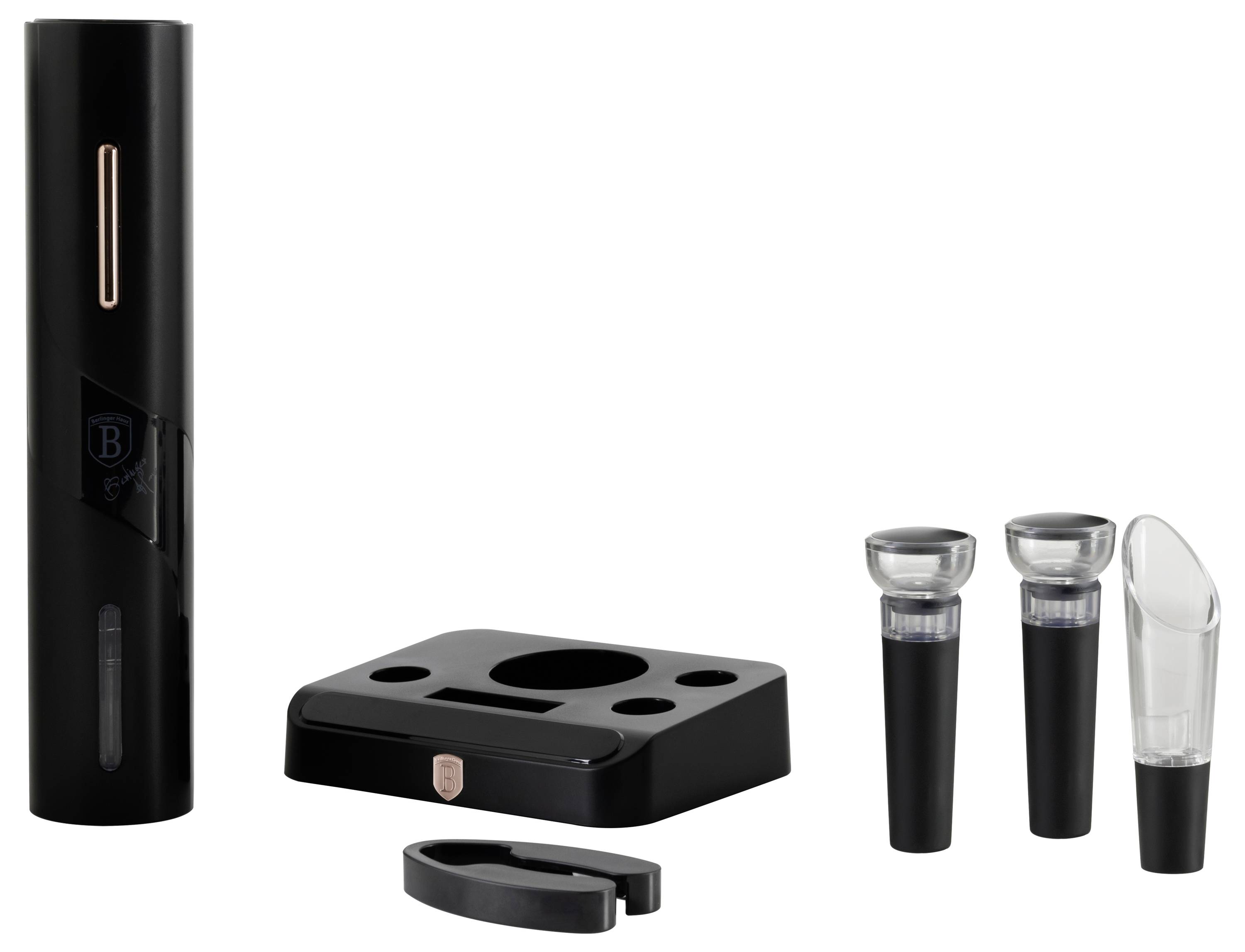 Schwarzes Weinöffner-Set mit elektrischem Öffner, Ladestation, Folienschneider und drei Zubehörteilen: zwei Stopfen und ein Belüfter/Ausgießer.