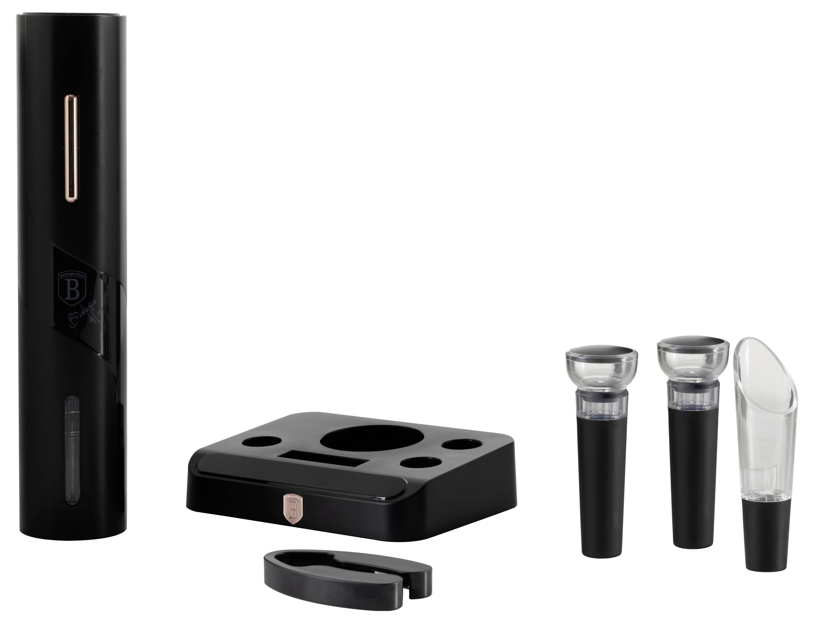 Luxus-Weinzubehör-Set mit schwarzem Aufbewahrungskoffer, Korkenzieher-Öffner und drei Flaschenver­schlüssen auf weißem Hintergrund präsentiert.