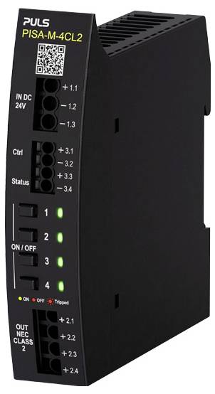 Schwarzes PULS PISA-M-4CL2 DIN-Schienen-Stromverteilungsmodul mit QR-Code, Ein-/Ausgangsanschluss-Beschriftungen, vier Kanal-Schaltern und grünen Status-LEDs.