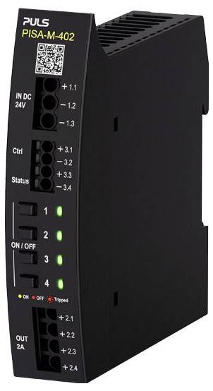 Schwarzes PULS PISA-M-402 24V Stromverteilungsmodul mit QR-Code, Anschlussanschlüssen, Ein-/Ausschaltern und grünen Status-LEDs.