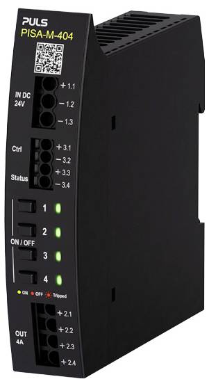 Schwarzes PULS PISA-M-404 Industrie-Stromversorgungsmodul mit gekennzeichnetem Eingang, Steuer-, Status- und Ein-/Ausschaltern sowie grünen Anzeige-LEDs auf der Frontplatte.