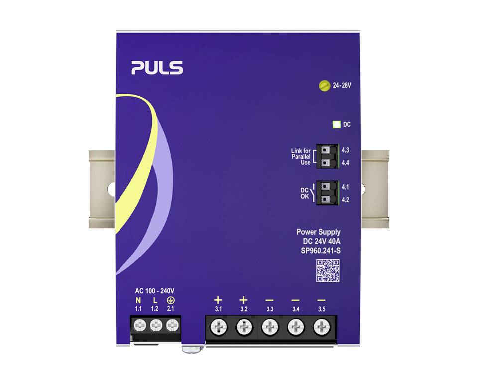 Violettes PULS-Hutschienenschaltnetzgerät mit der Bezeichnung „Stromversorgung DC 24V 40A
