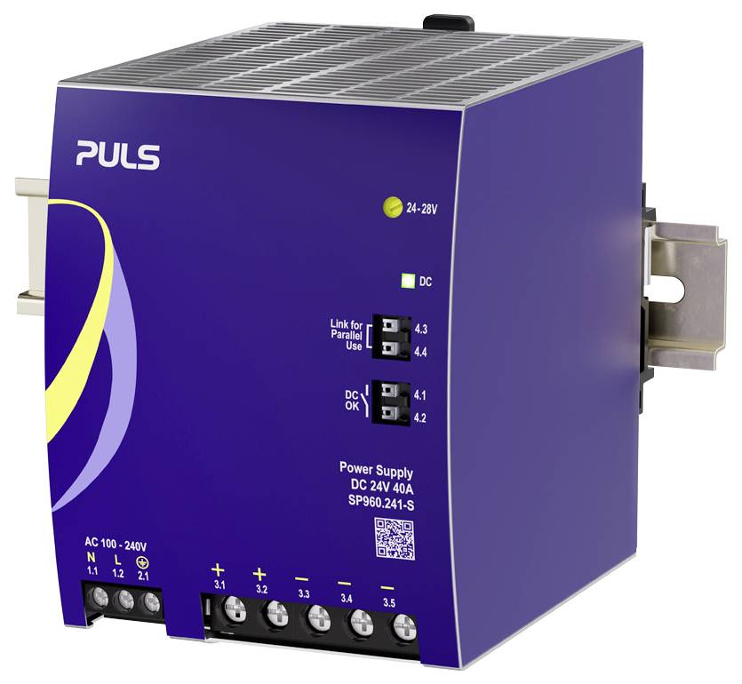 Purple PULS DC-Stromversorgungsgerät mit Status-LEDs, Einstellschaltern und Anschlussklemmen für den industriellen Einsatz.