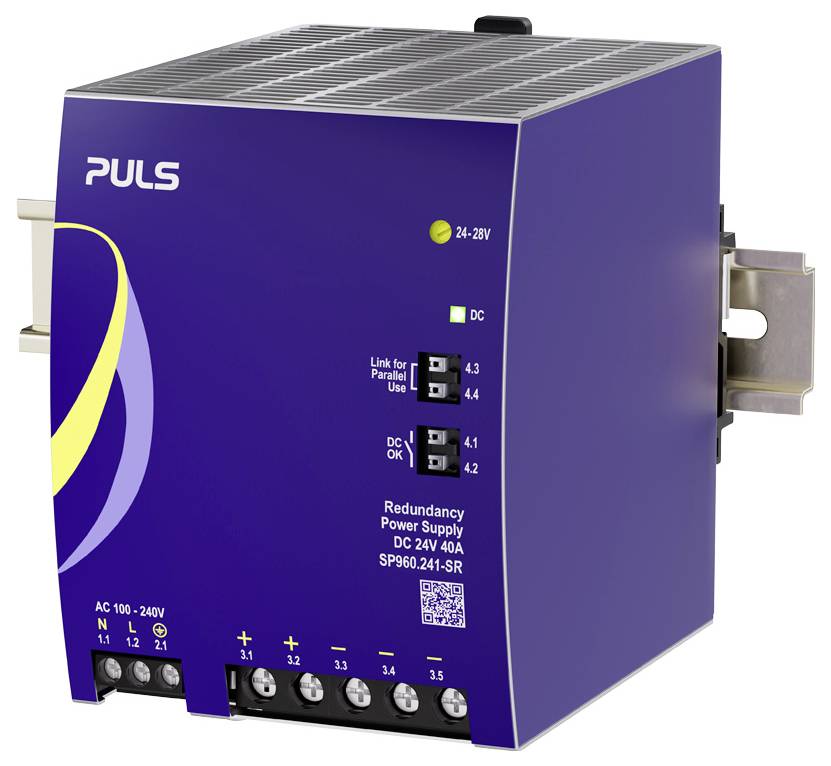 PULS-Hutschienen-Stromversorgungseinheit mit Status-LEDs, Klemmleisten und Beschriftung für 24-28V DC, Redundanz und AC 100-240V Eingang.