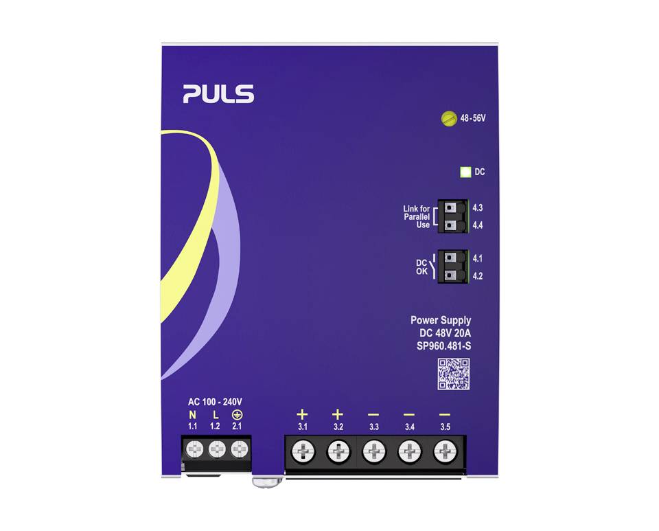 Frontansicht eines PULS DC-Stromversorgungsgeräts mit der Bezeichnung DC 48V 20A, mit AC 100–240V-Eingang, DC-Ausgangsklemmen und Status-/Link-Indikatoren.