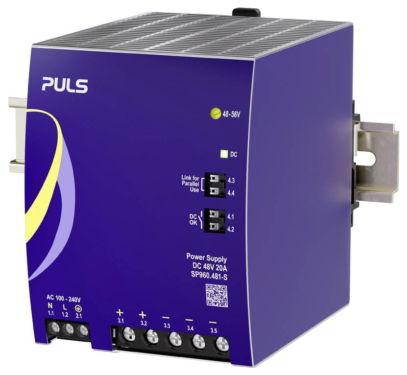 Lila PULS-DIN-Schienenschaltnetzteil, beschriftet mit DC 48V 20A, mit Status-LEDs und Anschlüssen auf der Vorderseite.