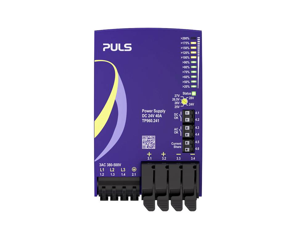 Frontansicht eines PULS DC 24V 40A Netzteils mit Anschlüssen, Status-LEDs und Spannungsregulierungsdrehknopf.