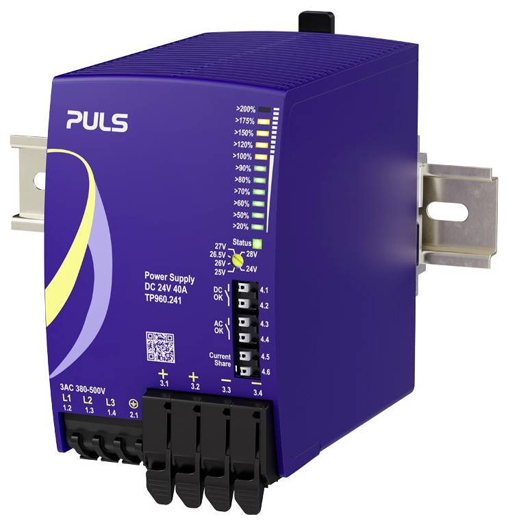 Purple PULS DC 24V 40A Stromversorgungsmodul mit Status-LEDs, Spannungswähler und Anschllussklemmen auf weißem Hintergrund