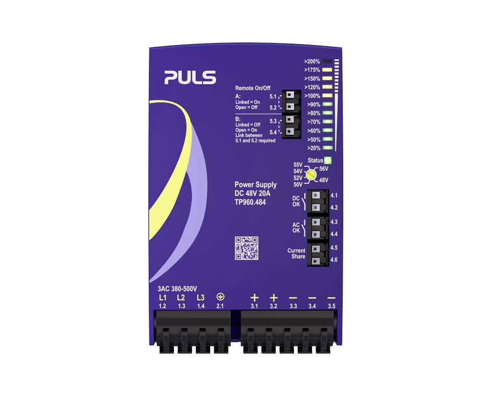 Violettes PULS DIN-Schienen-Stromversorgungsmodul mit der Bezeichnung „Stromversorgung DC 48V 20A TP960.484