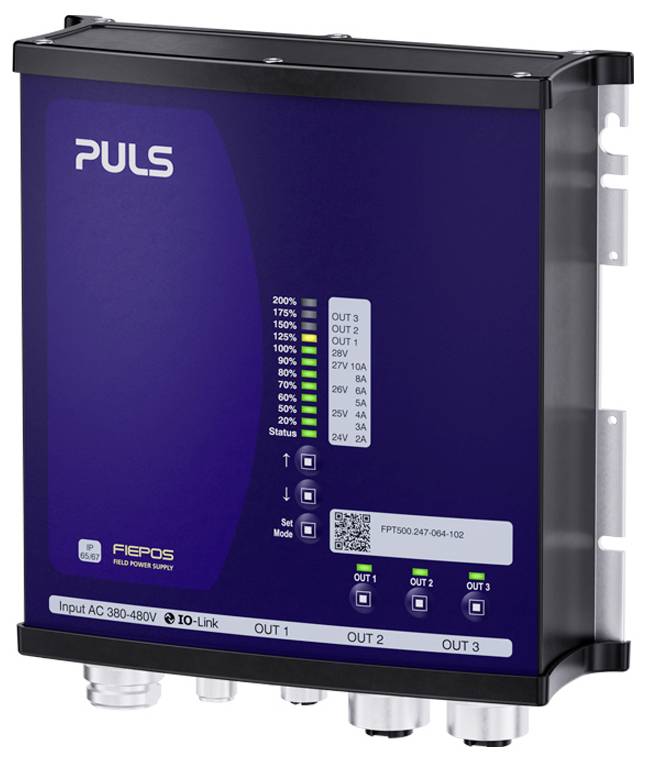 Industrielles PULS FIEPOS Netzteil mit LED-Statusanzeigen, QR-Code und gekennzeichneten Ausgangsklemmen für OUT 1, OUT 2 und OUT 3.