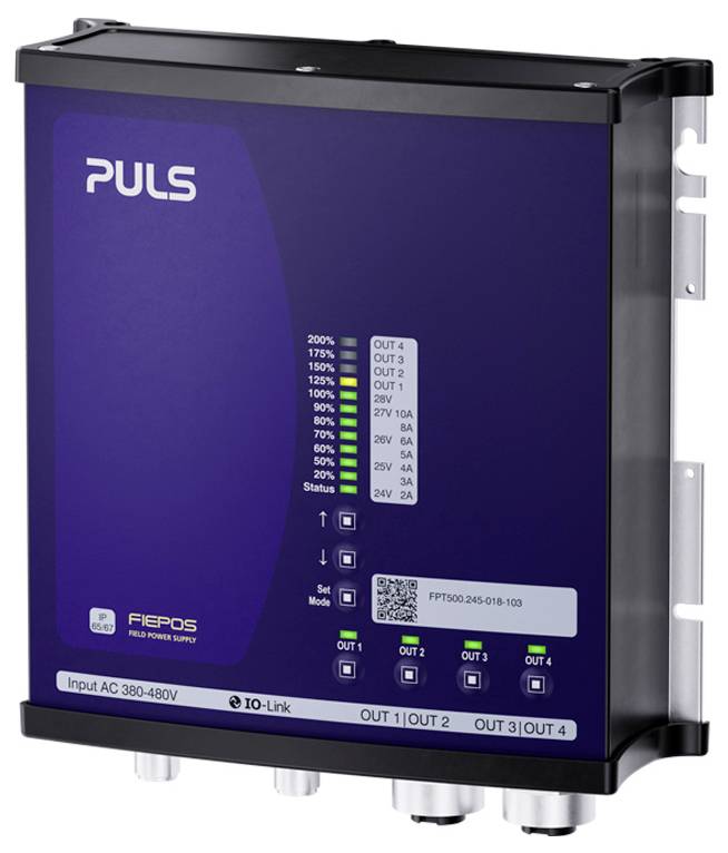 PULS FIEPOS-Stromversorgungsgerät mit STATUS-LEDs und beschrifteten Ausgangsanschlüssen für industrielle 380-480V-Eingänge.