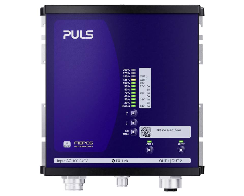Blaue PULS FIEPOS Industrie-Stromversorgungseinheit mit Status-LEDs an der Vorderseite, Eingangsspannung AC 100-240V und zwei Ausgängen mit der Bezeichnung OUT 1 und OUT 2.