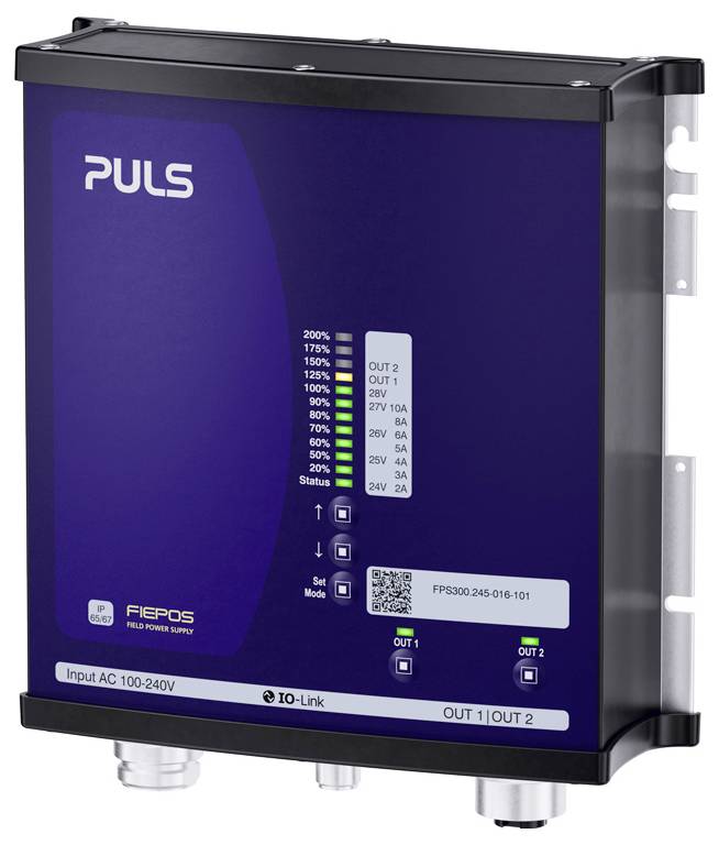 PULS FIEPOS Feldversorgungseinheit mit Status-LEDs, QR-Code und Beschriftungen für Eingabe AC 100-240V und AUS 1, AUS 2.