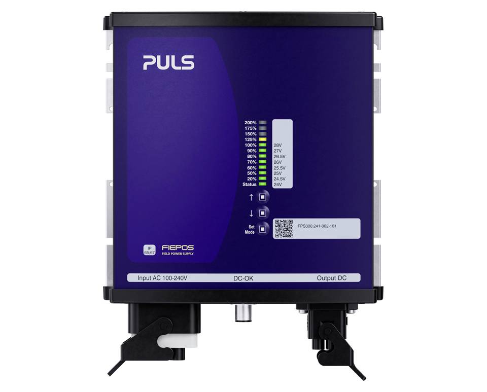 Stromversorgungseinheit PULS FIEPOS mit Status-LEDs und Beschriftungen für Eingang AC 100-240V, DC OK und Ausgang DC.