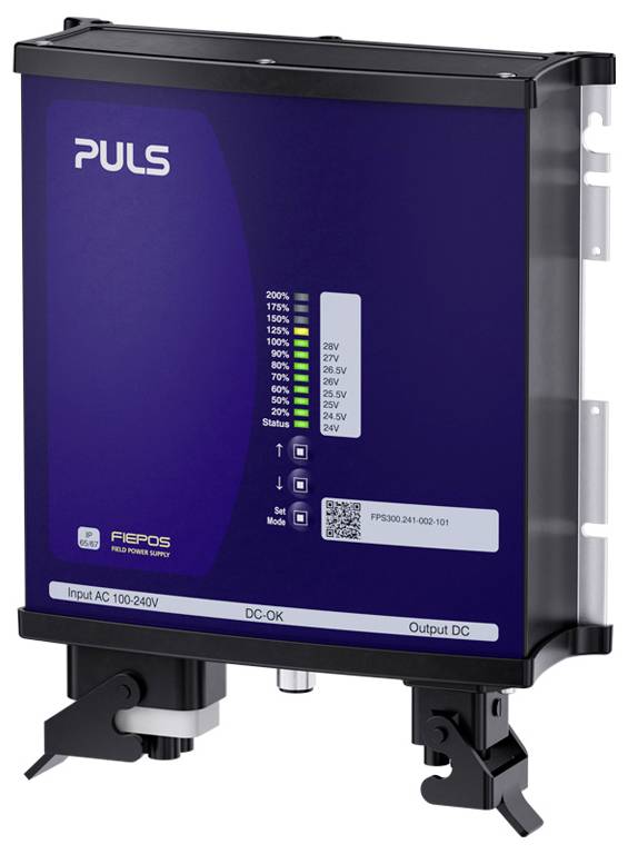 Blaues PULS FIEPOS Industrie-Stromversorgungsmodul mit Status-LEDs, Befestigungsbügeln und Beschriftungen für Eingang AC 100-240V und Ausgang DC.
