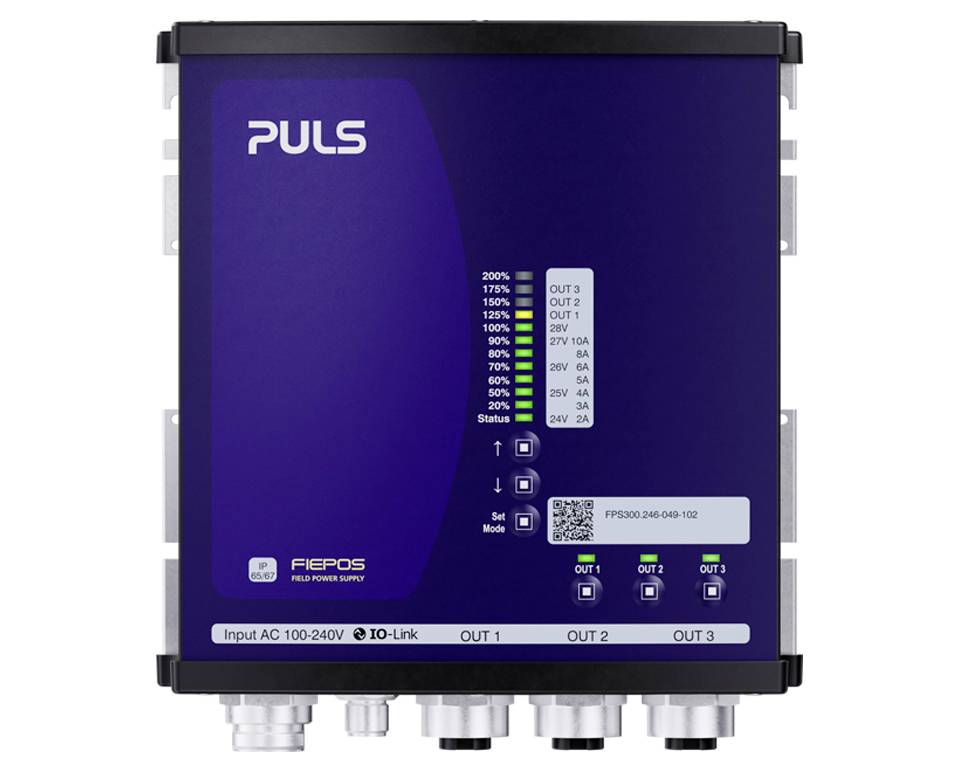 PULS-Stromversorgungseinheit für Industrieanwendungen mit drei Ausgangsklemmen und Statusanzeigen, gekennzeichnet für 24V und IO-Link-Steuerung.