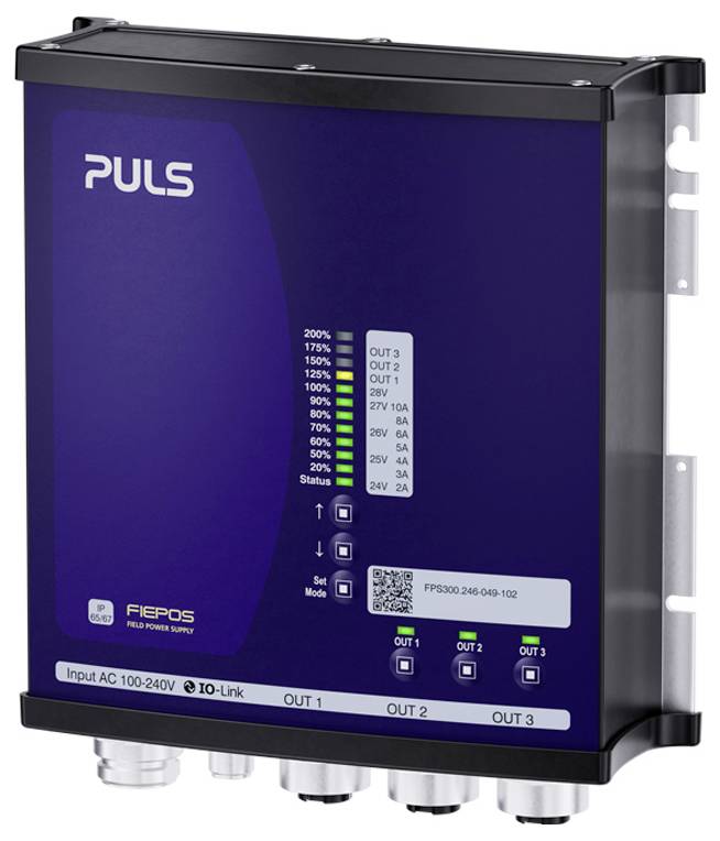 PULS FIEPOS Feldstromversorgungsgerät mit Status-LEDs, Ausgangsanzeigen und gekennzeichneten OUT 1, OUT 2, OUT 3 Anschlüssen.