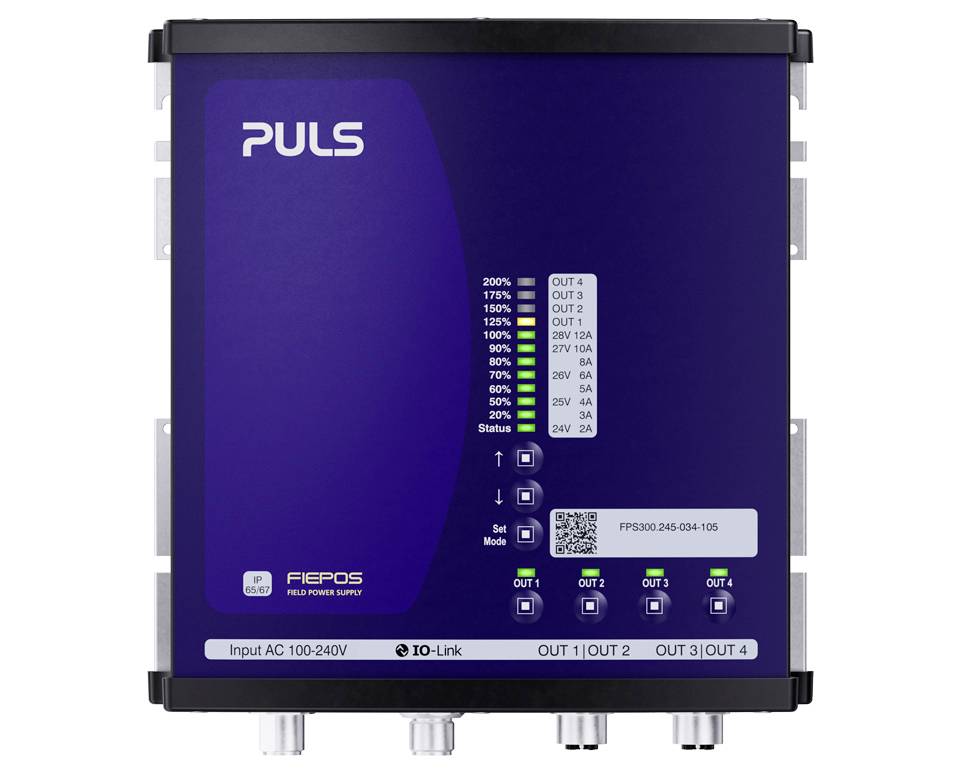 PULS FIEPOS Industrie-Stromversorgungsmodul mit Status-LEDs, vier Ausgangsanzeigen, QR-Code-Etikett und AC-Eingang 100-240V.