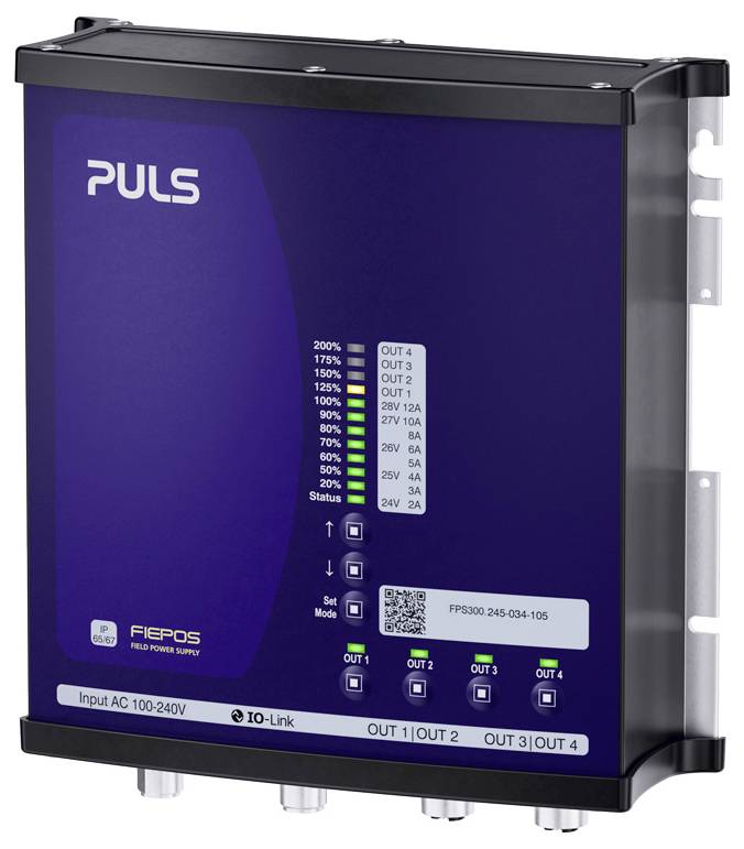 PULS FIEPOS Industriestromversorgungsgerät mit Status-LEDs, QR-Etikett und vier Ausgangsklemmen, montiert in einem Metallgehäuse.