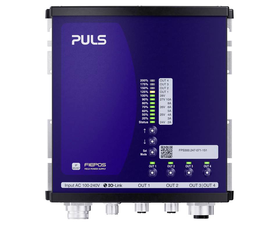 Blaue PULS FIEPOS Stromversorgungseinheit mit Status-LEDs an der Vorderseite, IO-Link-Display und vier gekennzeichneten Ausgängen auf der Frontplatte.