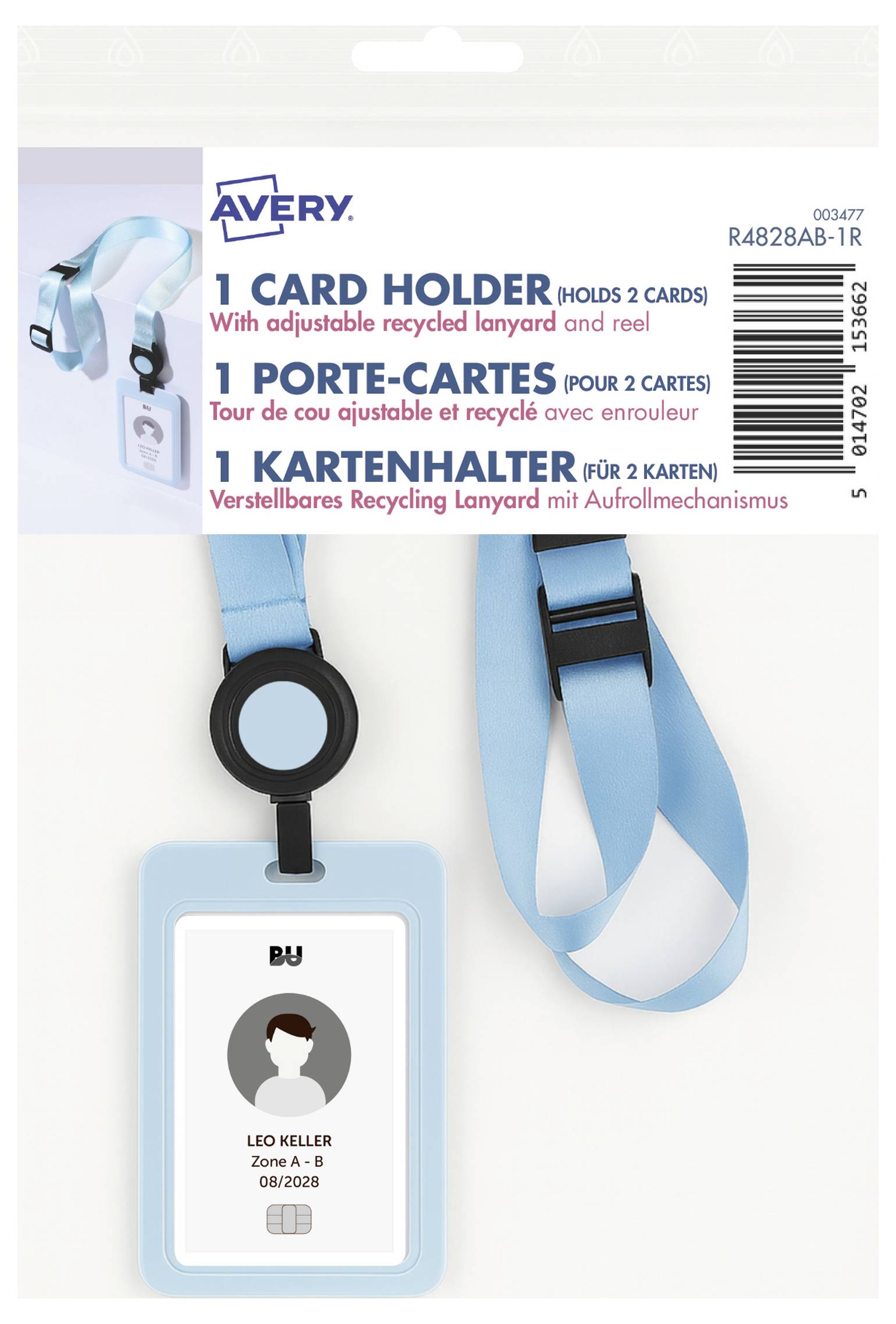 Packung eines Avery 1-Kartenhalters mit blauem verstellbarem recyceltem Umhängeband, gezeigt mit Muster-Ausweisbadge und mehrsprachigem Produkttext.