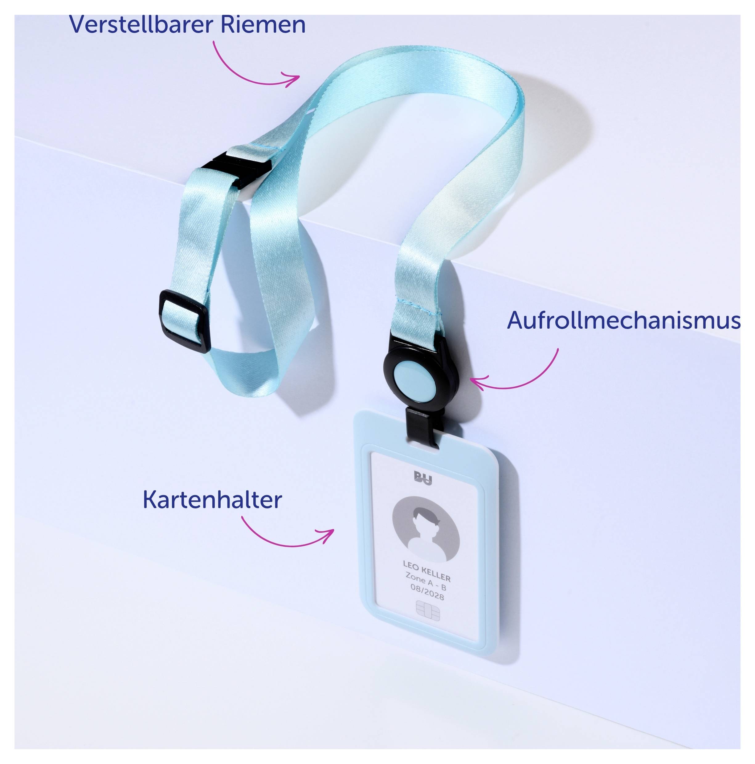 Blauer Ausweishalter mit verstellbarem Riemen, Aufrollmechanismus und Kartenhalter; beschriftete Produktgrafik.