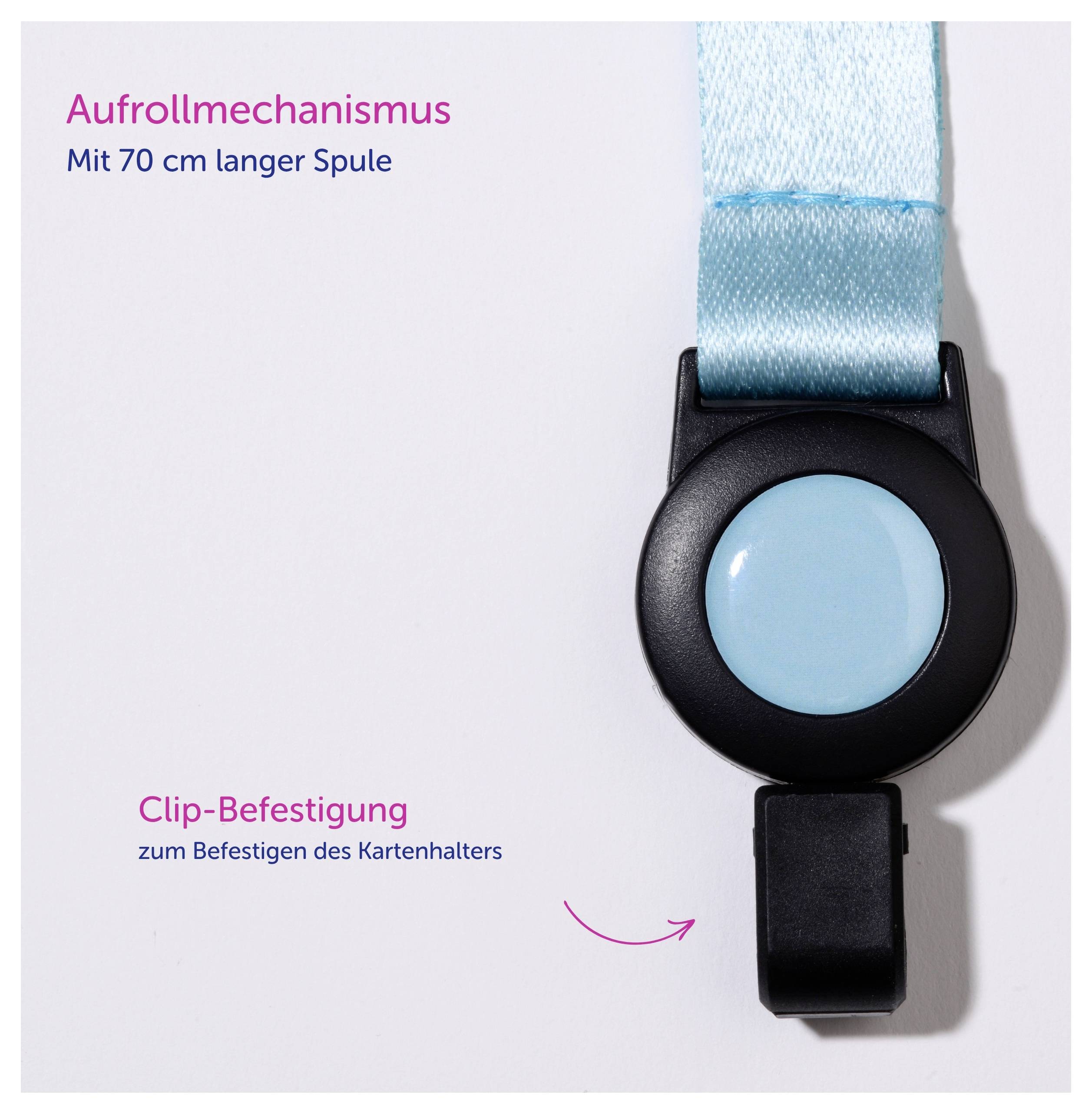 Kartenhalter mit Aufrollmechanismus und Clip-Befestigung; Text nennt 'Mit 70 cm langer Spule' und 'zum Befestigen des Kartenhalters'.