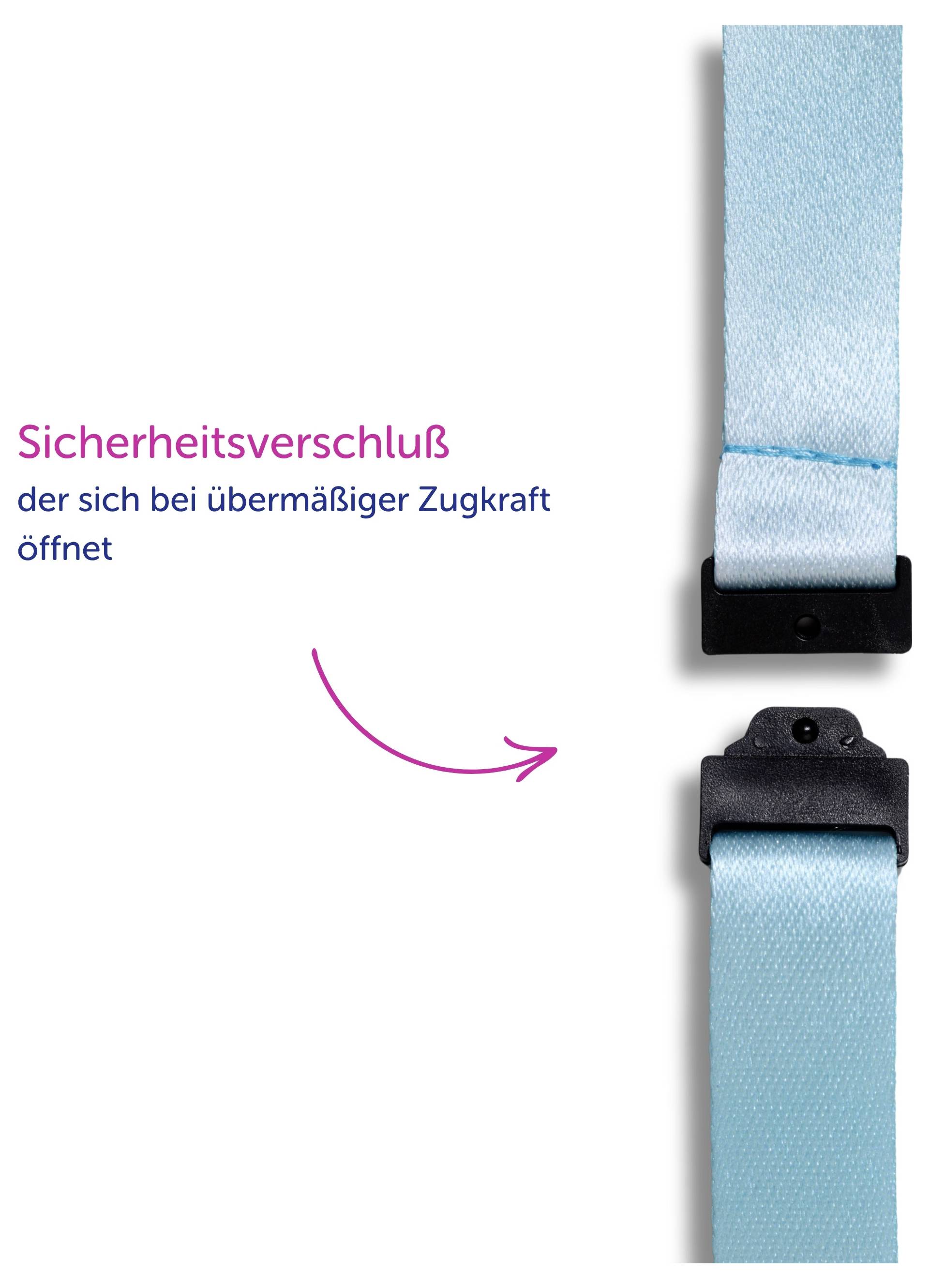 Sicherheitsverschluss am blauen Gurt öffnet sich bei übermäßiger Zugkraft; Pfeil zeigt das Trennen der Verbindung.