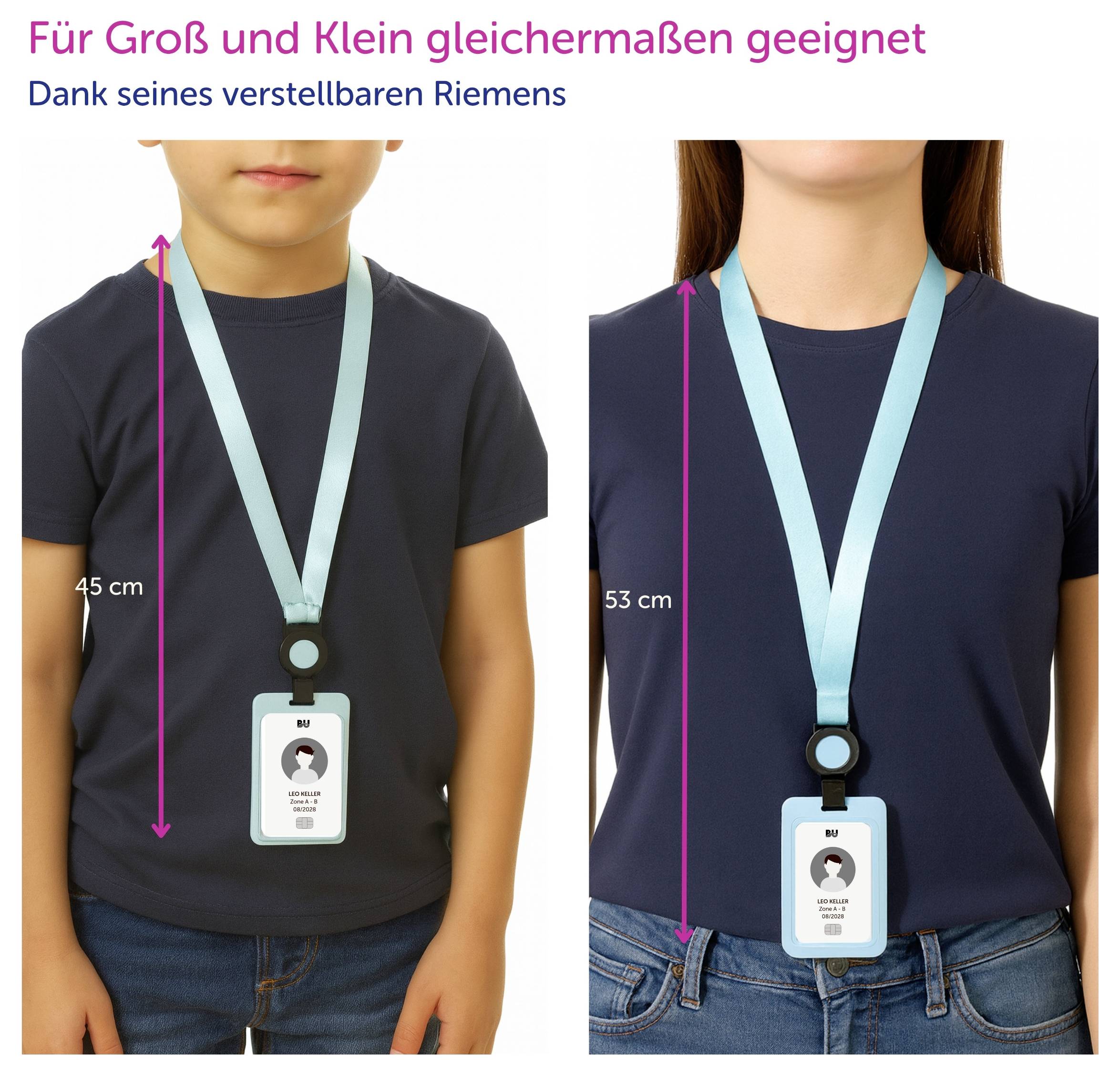 Werbung für einen verstellbaren Ausweishalter: bei Kind und Erwachsenem gleichermaßen passend, mit Längenangaben 45 cm und 53 cm.