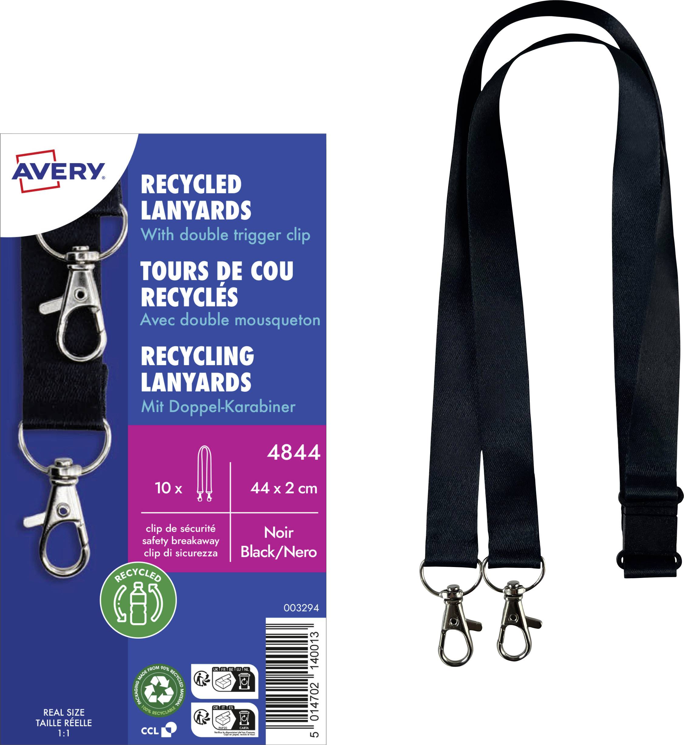 Paket aus Avery recycelten schwarzen Umhängebändern mit doppelten Abzugsclips, gezeigt neben zwei schwarzen Umhängebändern mit Metallverschlüssen.