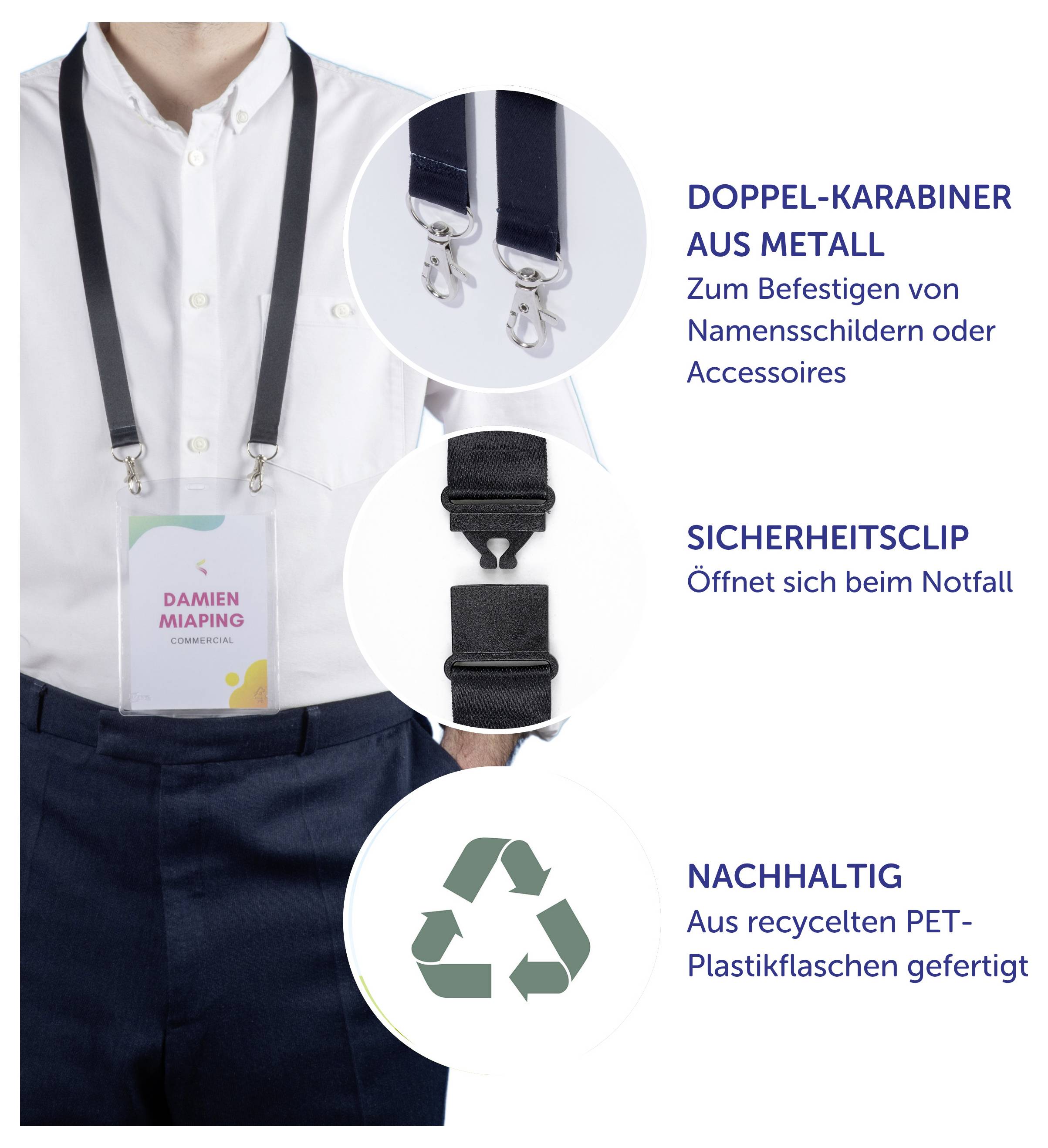 Lanyard mit Doppel-Karabiner und Sicherheitsclip, ideal zum Befestigen von Namensschild oder Accessoires; nachhaltig aus recyceltem PET-Kunststoff gefertigt.