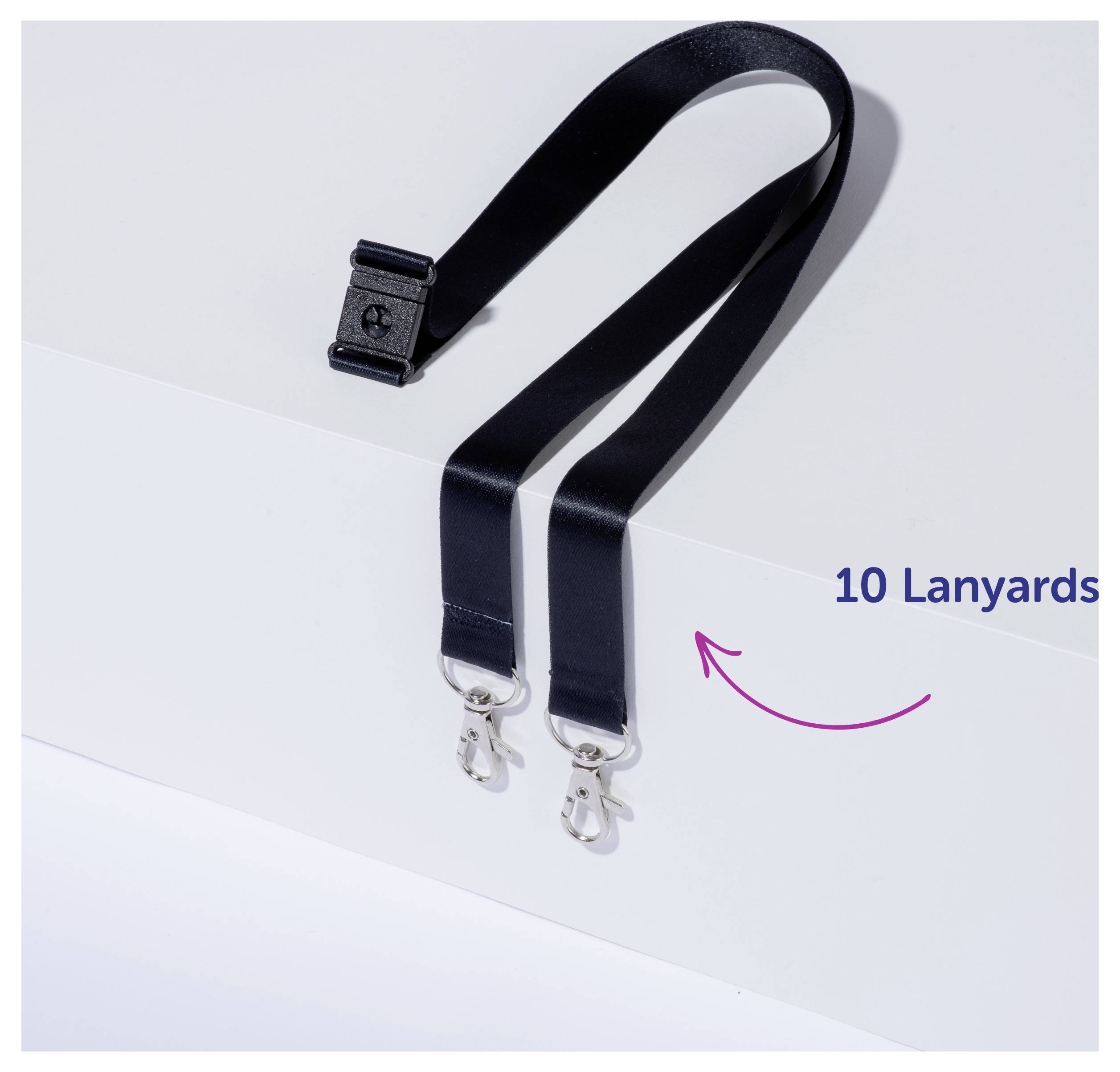 Zwei schwarze Lanyards mit Metallkarabinern; Text '10 Lanyards' weist auf das Set mit zehn Schlüsselbändern hin.