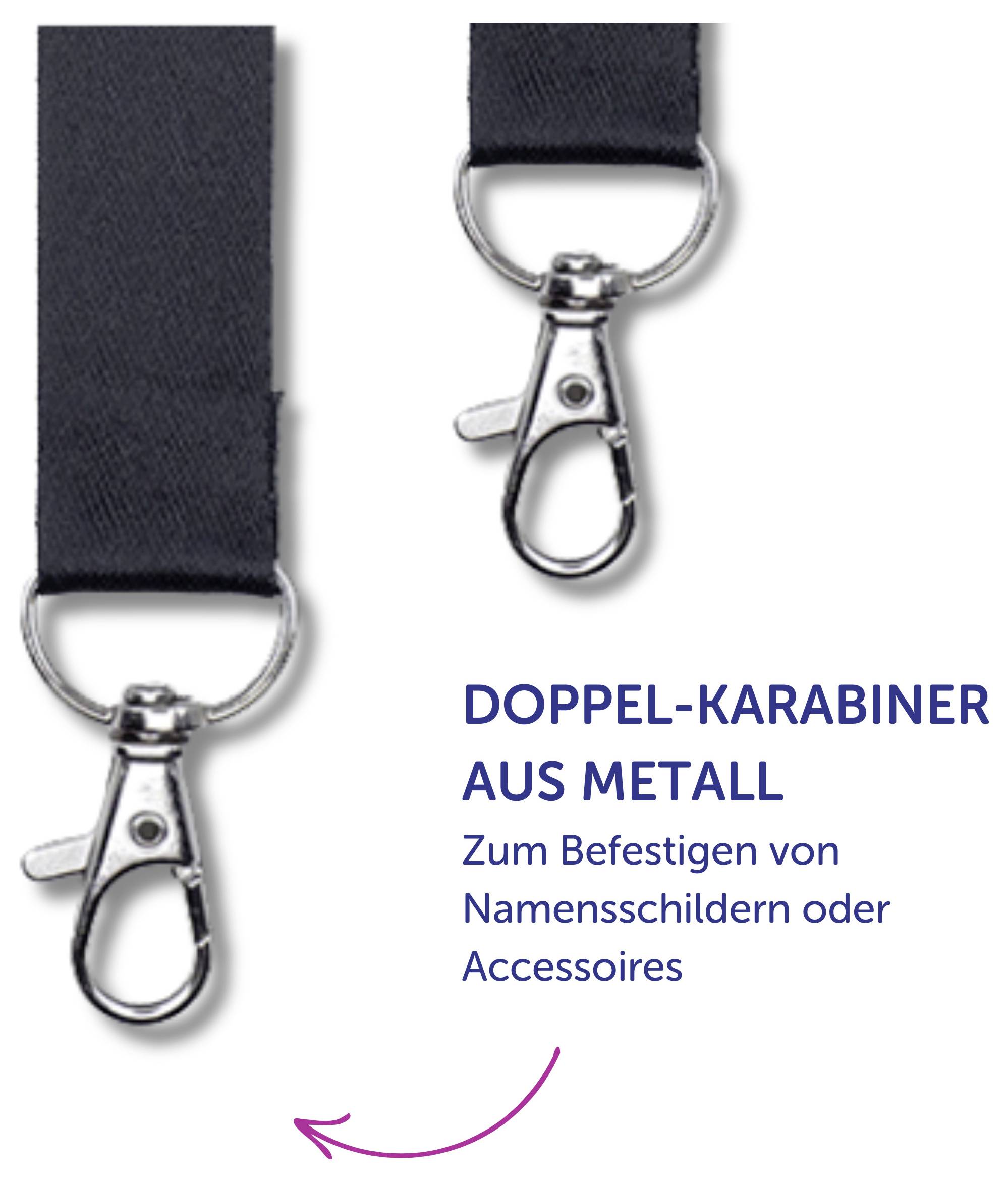 Doppel-Karabiner aus Metall an schwarzem Band; zum Befestigen von Namensschildern oder Accessoires.