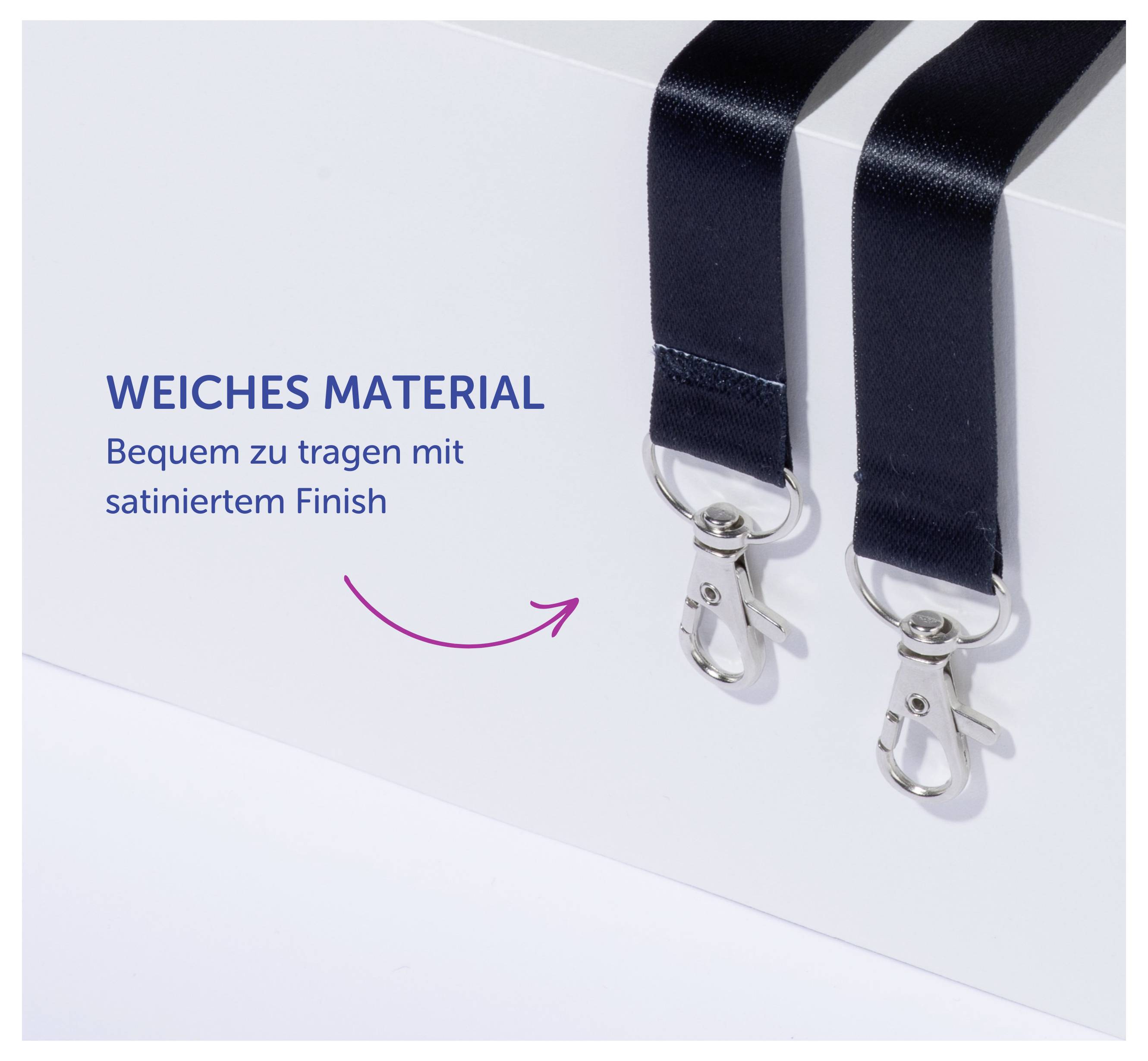 Zwei schwarze Tragegurte mit silbernen Karabinerhaken; Text: 'WEICHES MATERIAL – Bequem zu tragen mit satiniertem Finish'.