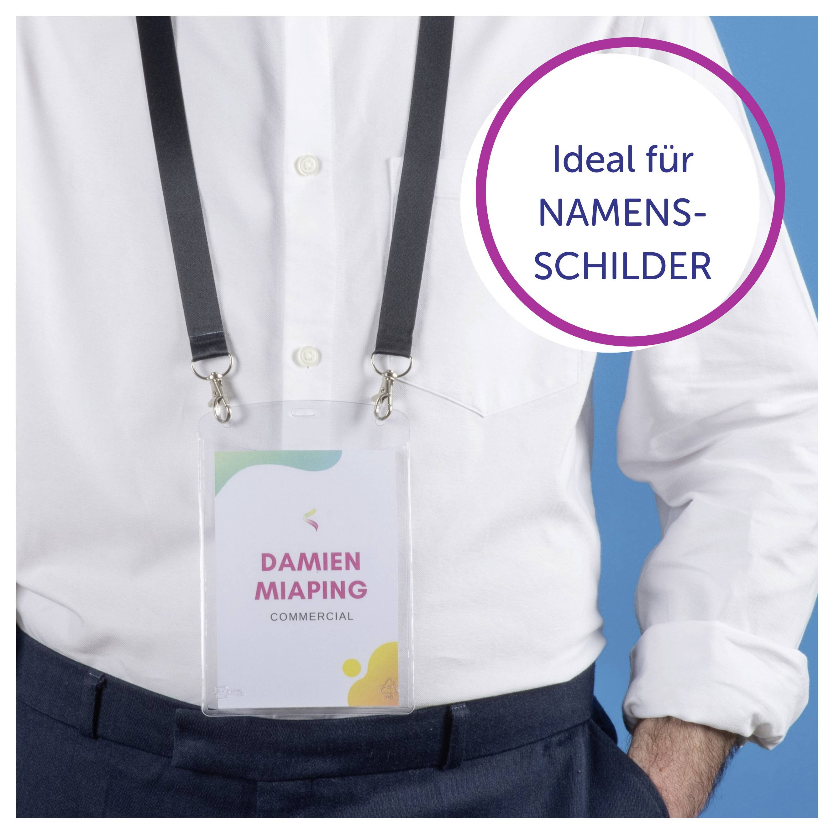 Person im weißen Hemd mit Umhängeausweis; Hinweis im Kreis: 'Ideal für NAMENS-SCHILDER'.