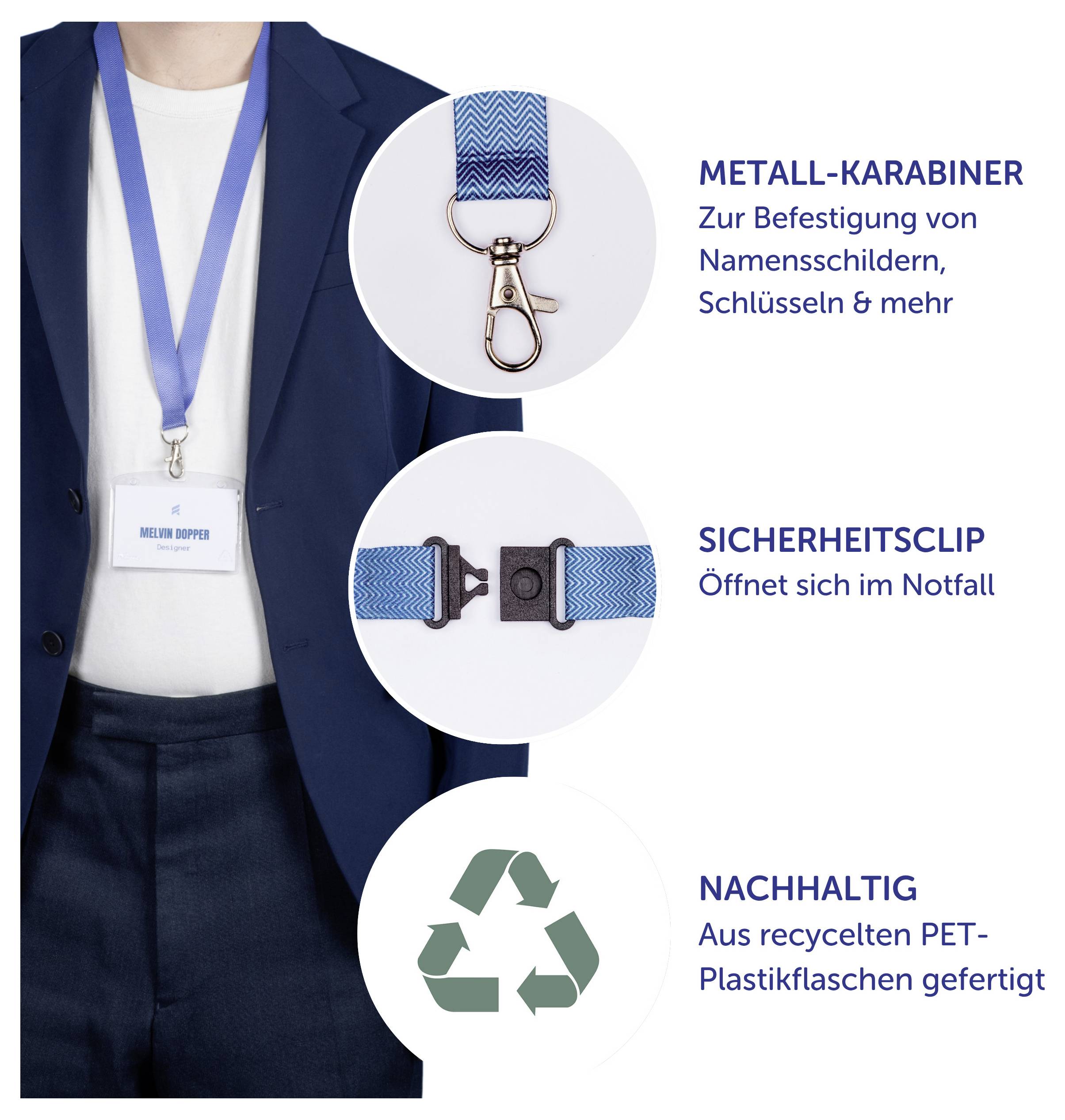 Werbegrafik für ein blaues Schlüsselband mit Namensschild: Metall-Karabiner, Sicherheitsclip und nachhaltiges Material aus recycelten PET-Flaschen.