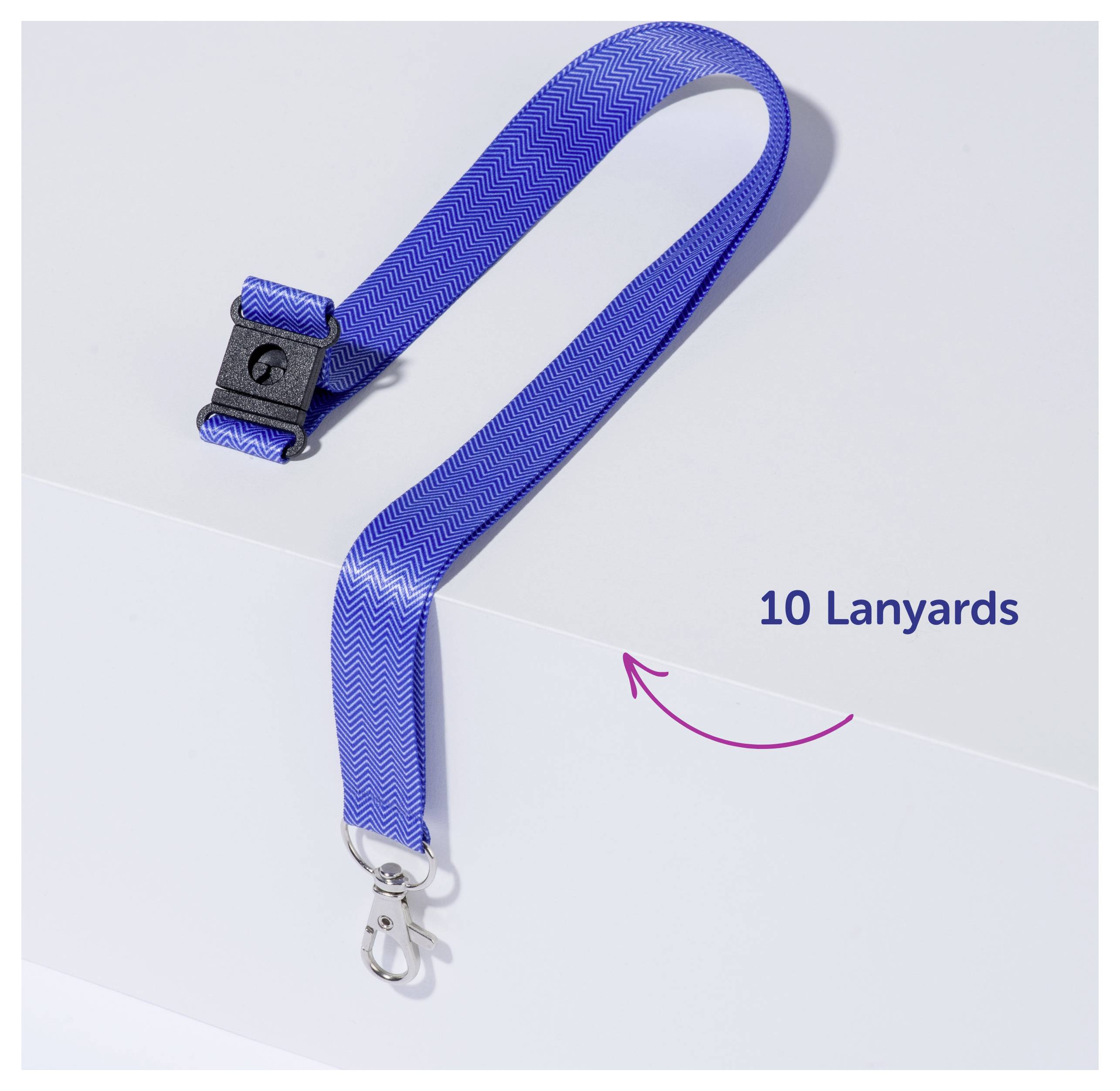 Blaue Umhängekordel mit Clip und Karabiner; Beschriftung '10 Lanyards' zeigt einen 10er-Pack.