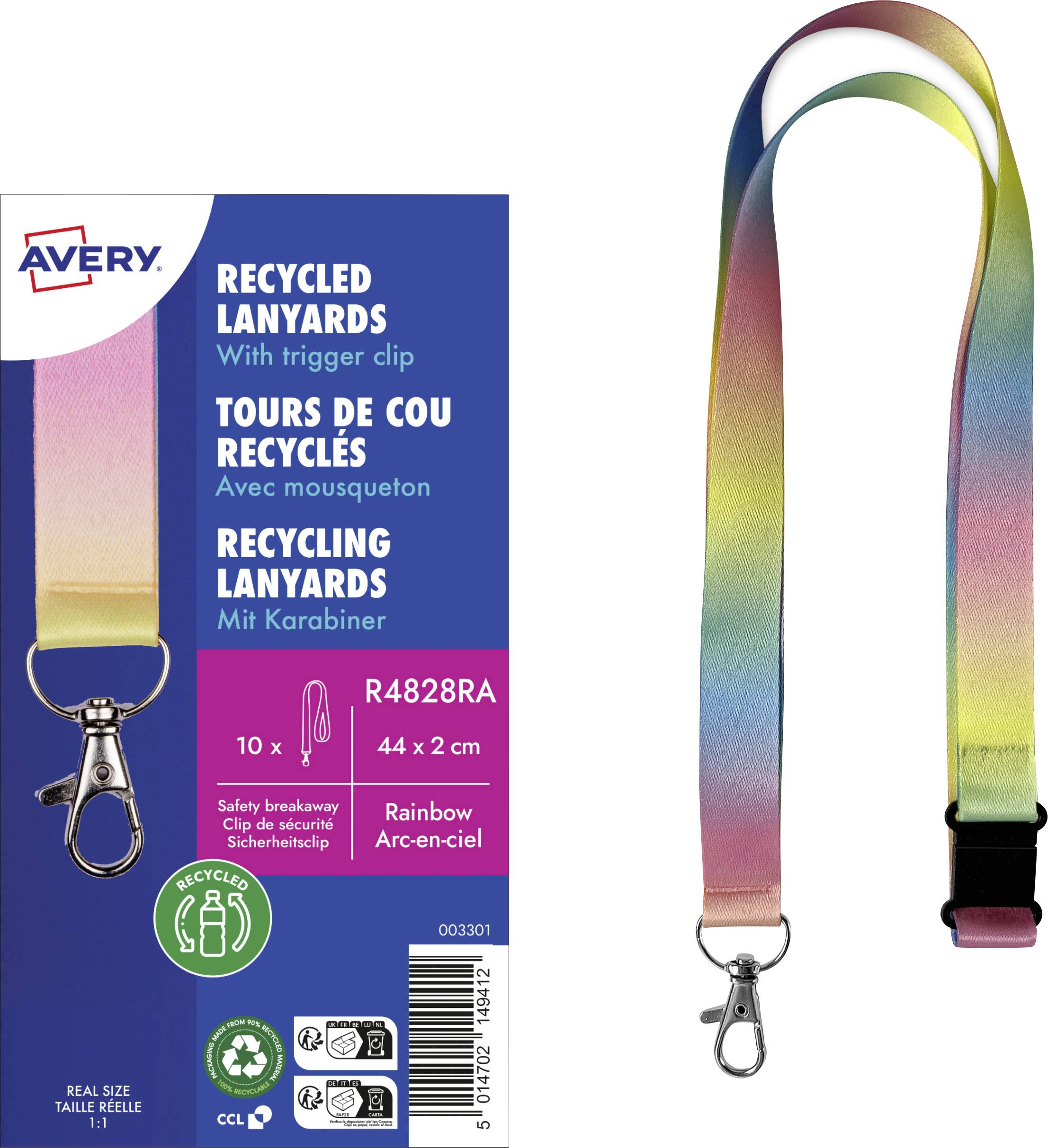 # Avery recycled rainbow Lanyards mit Auslöseclip - ProduktbeschreibungPaketfoto von Avery recycelten Regenbogen-Lanyards mit Auslöseclip, dargestellt mit Produktfoto und mehrsprachigen Etikettendetails.