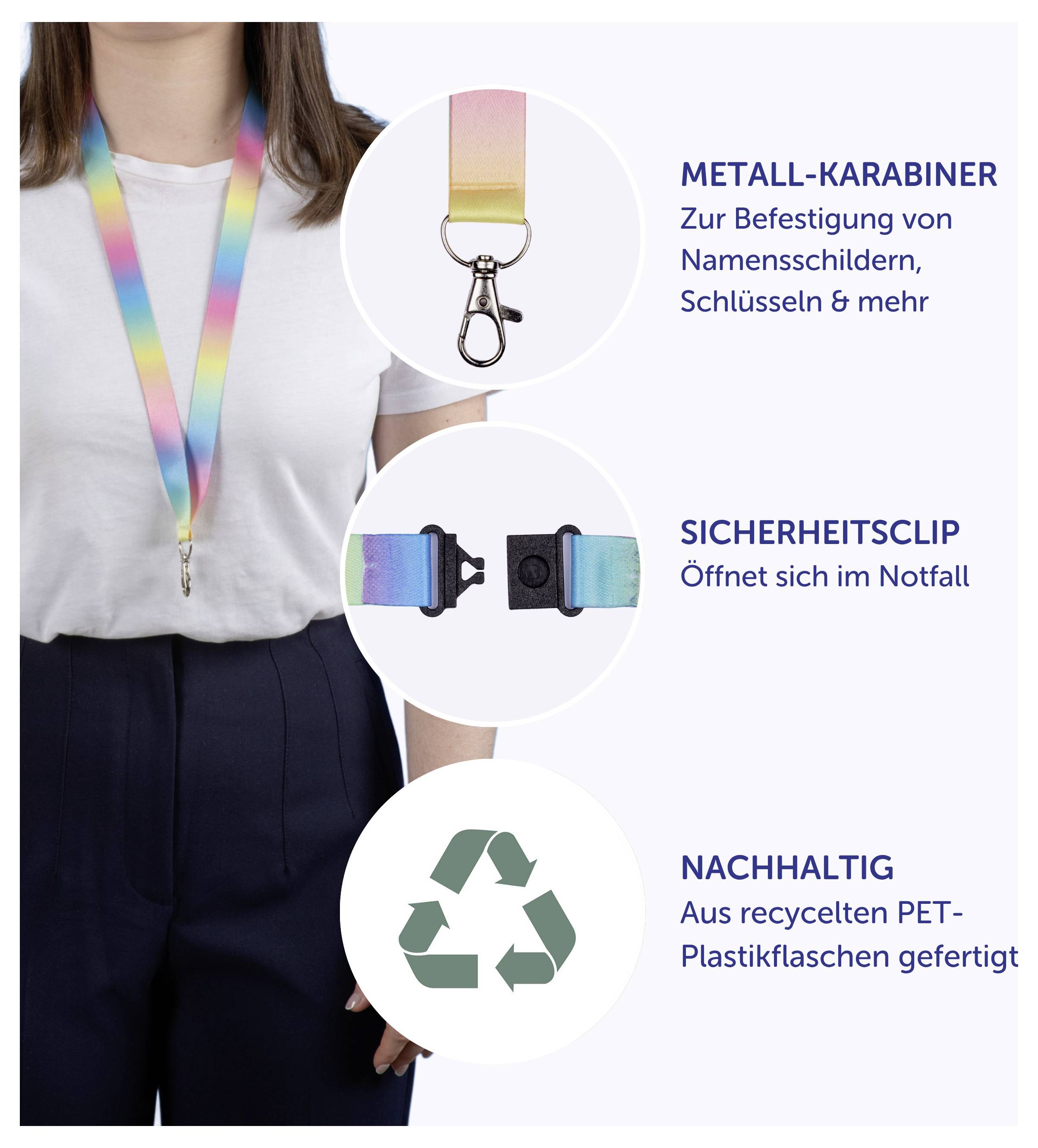 Frau trägt ein pastellfarbiges Lanyard; Infografik zeigt Metall-Karabiner, Sicherheitsclip und nachhaltiges Material aus recyceltem PET.