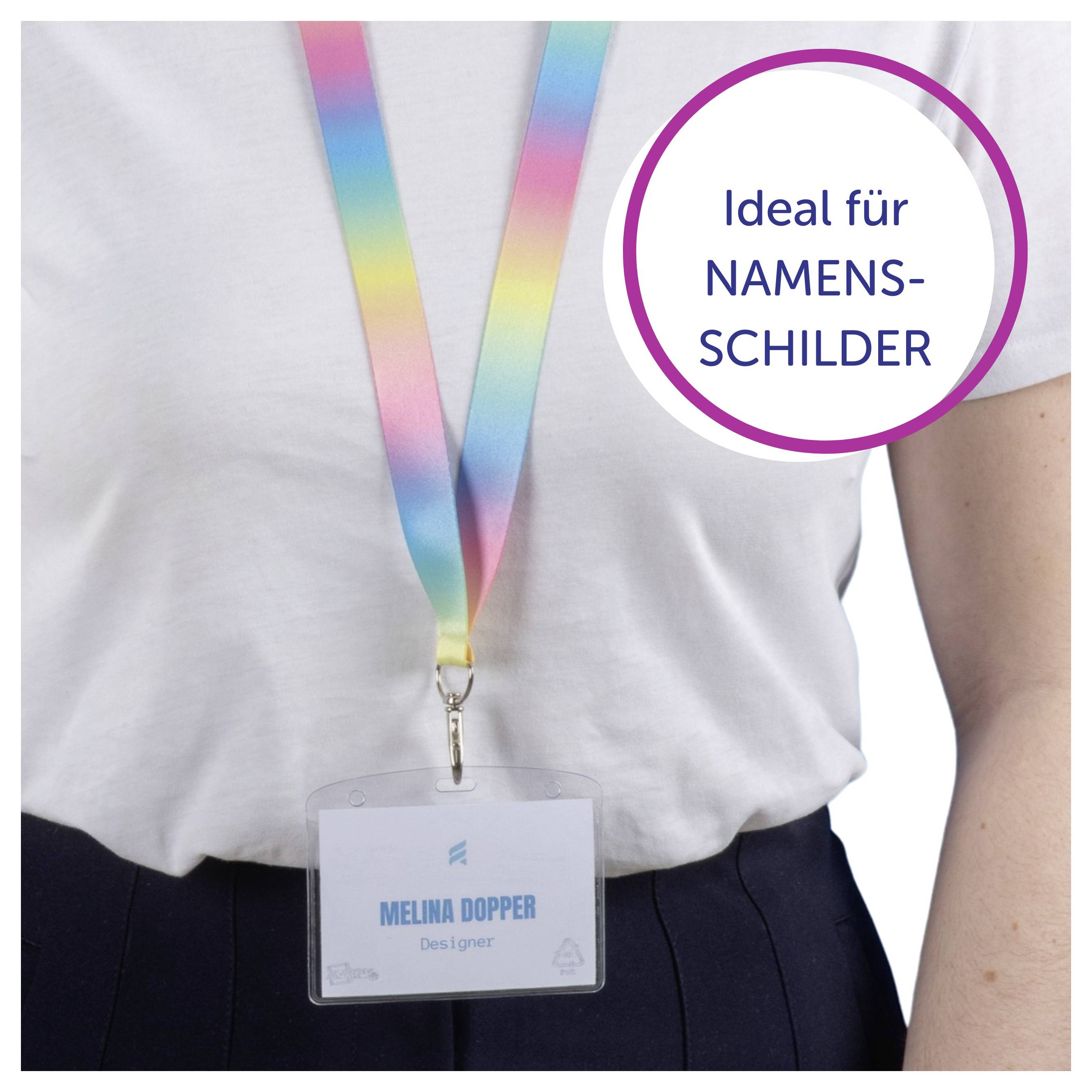 Person mit Regenbogen-Lanyard und Namensschild; Kreistext: 'Ideal für NAMENS-SCHILDER'.