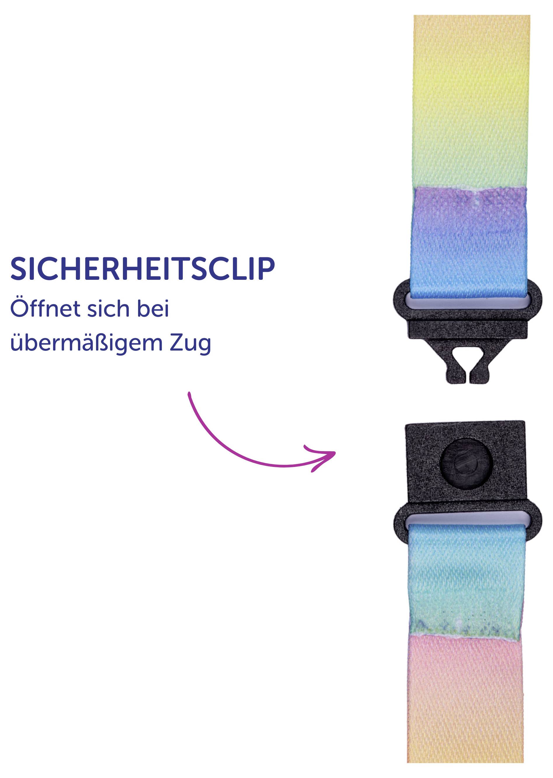 Sicherheitsclip für Gurtband: öffnet sich bei übermäßigem Zug; Pfeil zeigt die Auslösung zwischen geschlossenem und geöffnetem Zustand.