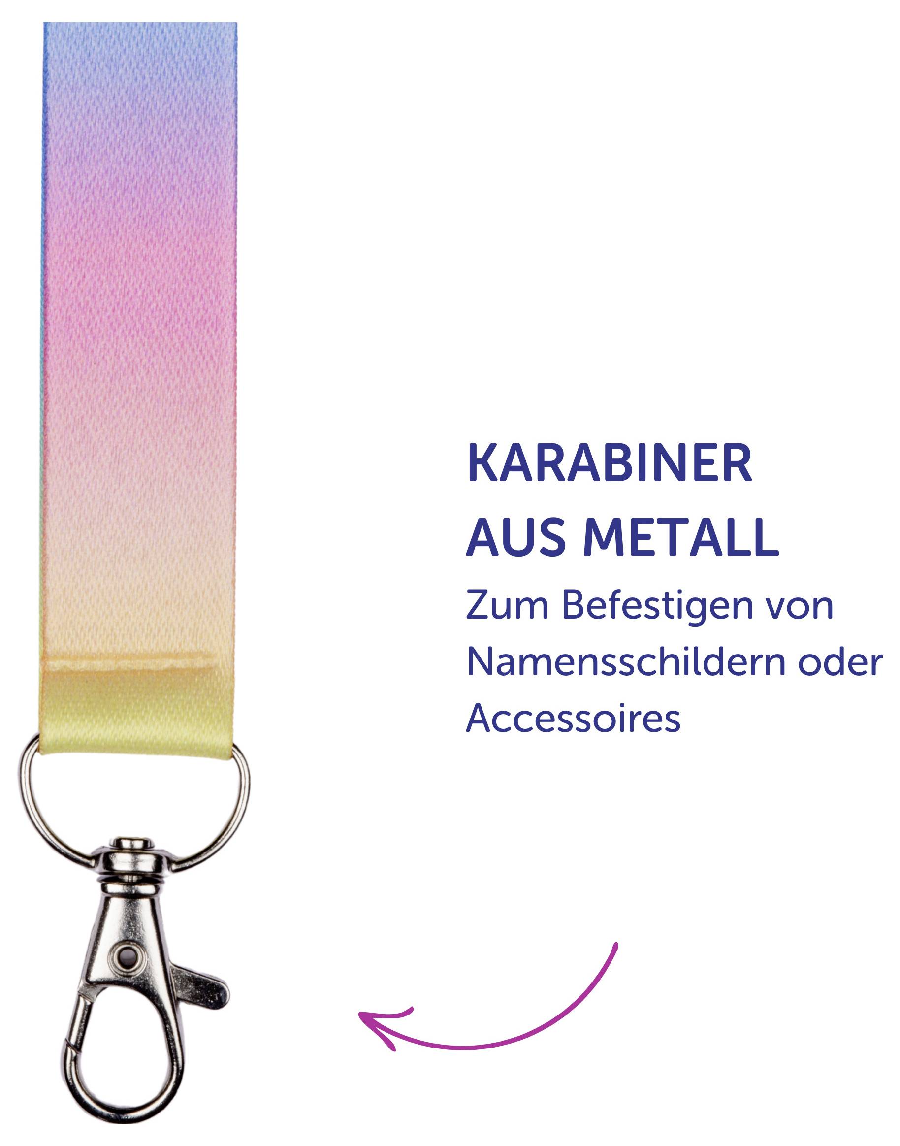 Metallkarabiner mit pastellfarbenem Band; dient zum Befestigen von Namensschildern oder Accessoires.