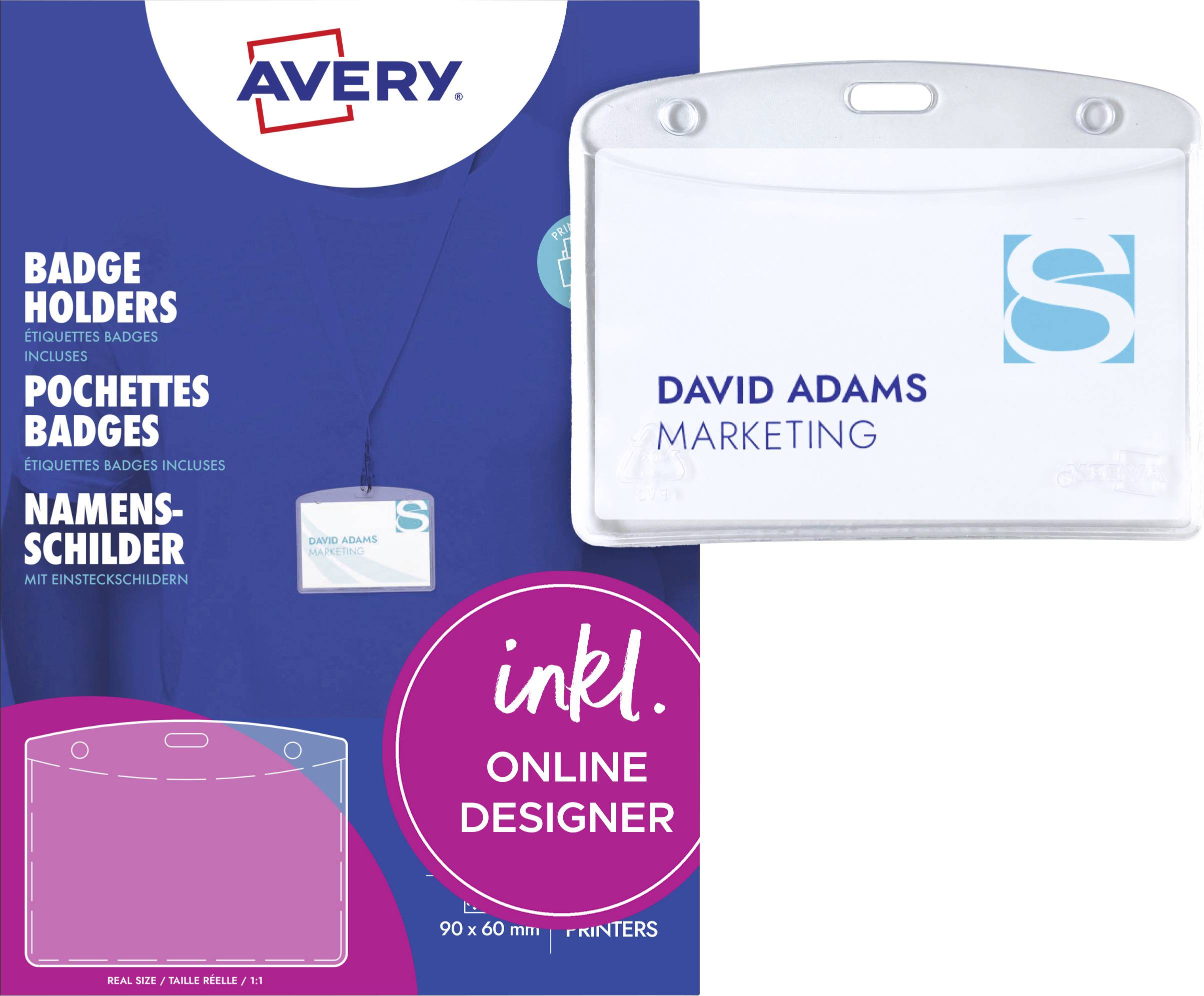 Avery-Ausweishalter-Verpackung mit einem transparenten Kunststoff-Namensschild-Halter mit Clip, beschriftet mit „David Adams Marketing