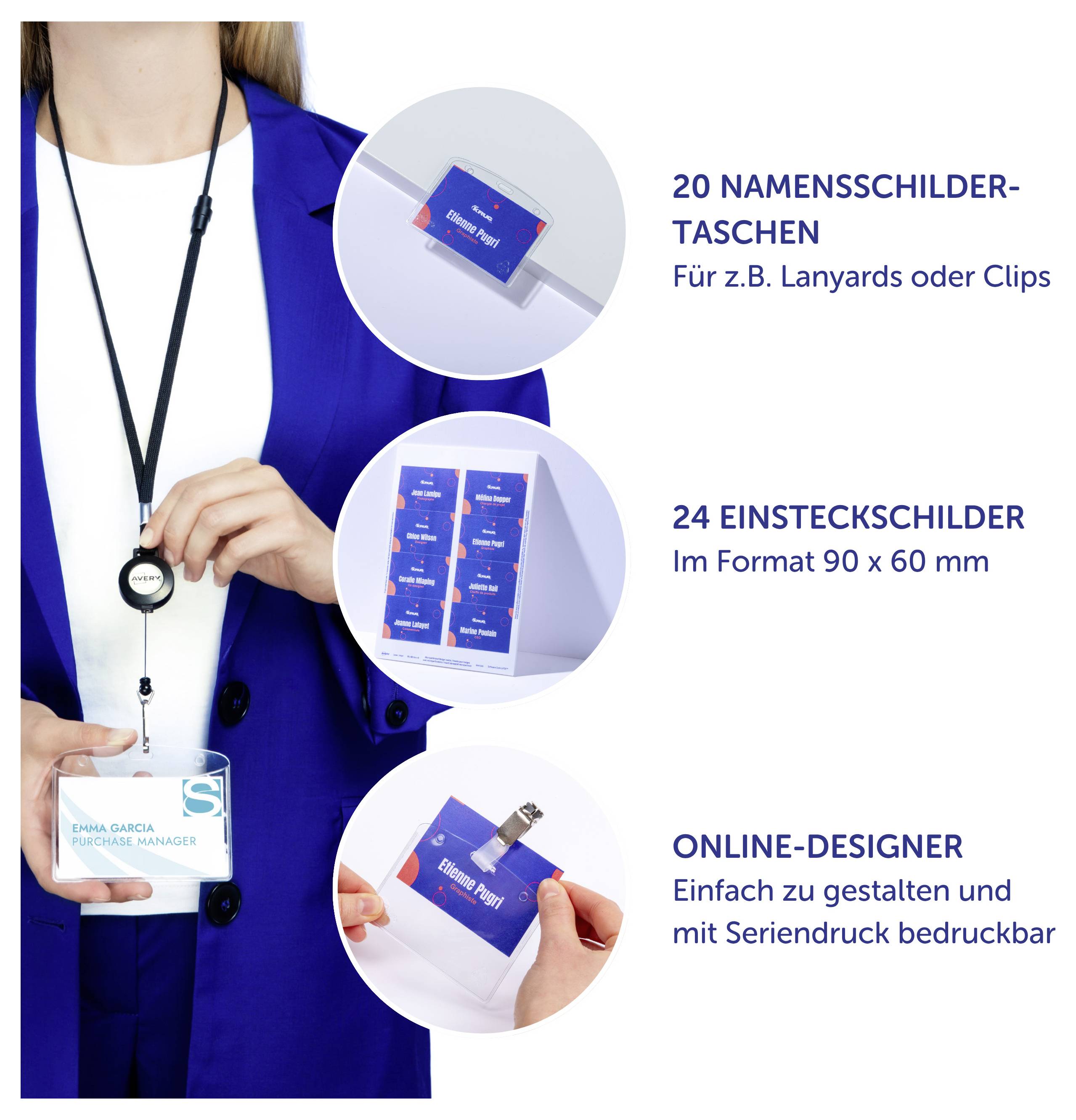 Werbefoto einer Frau mit blauem Blazer und Namensschildhalter; rechts werden Namensschild-Taschen, Einsteckschild 90 x 60 mm und Online-Designer gezeigt.