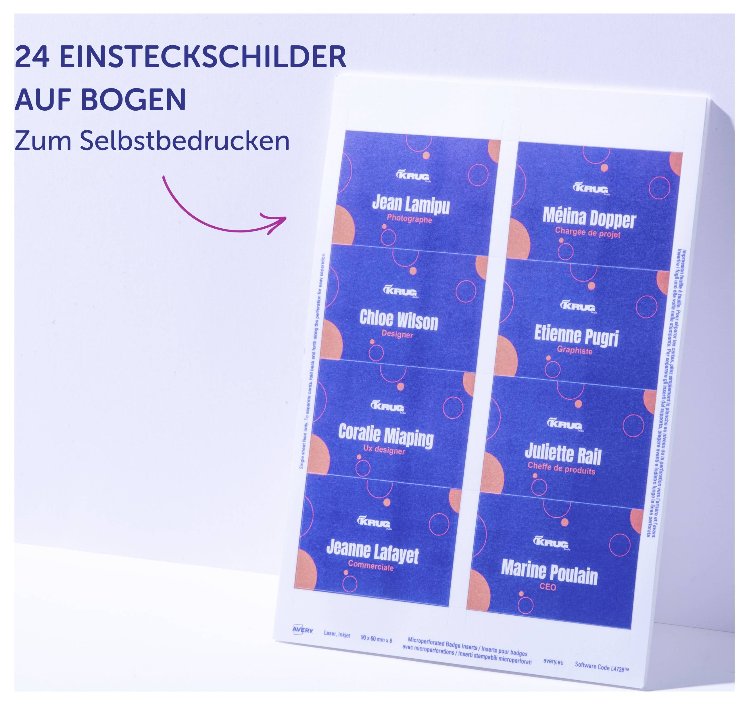 24 Einsteckschildchen auf Bogen zum Selbstbedrucken; auf dem Blatt sind blaue Namensschilder mit Beispielnamen und pinken Kreisen zu sehen.