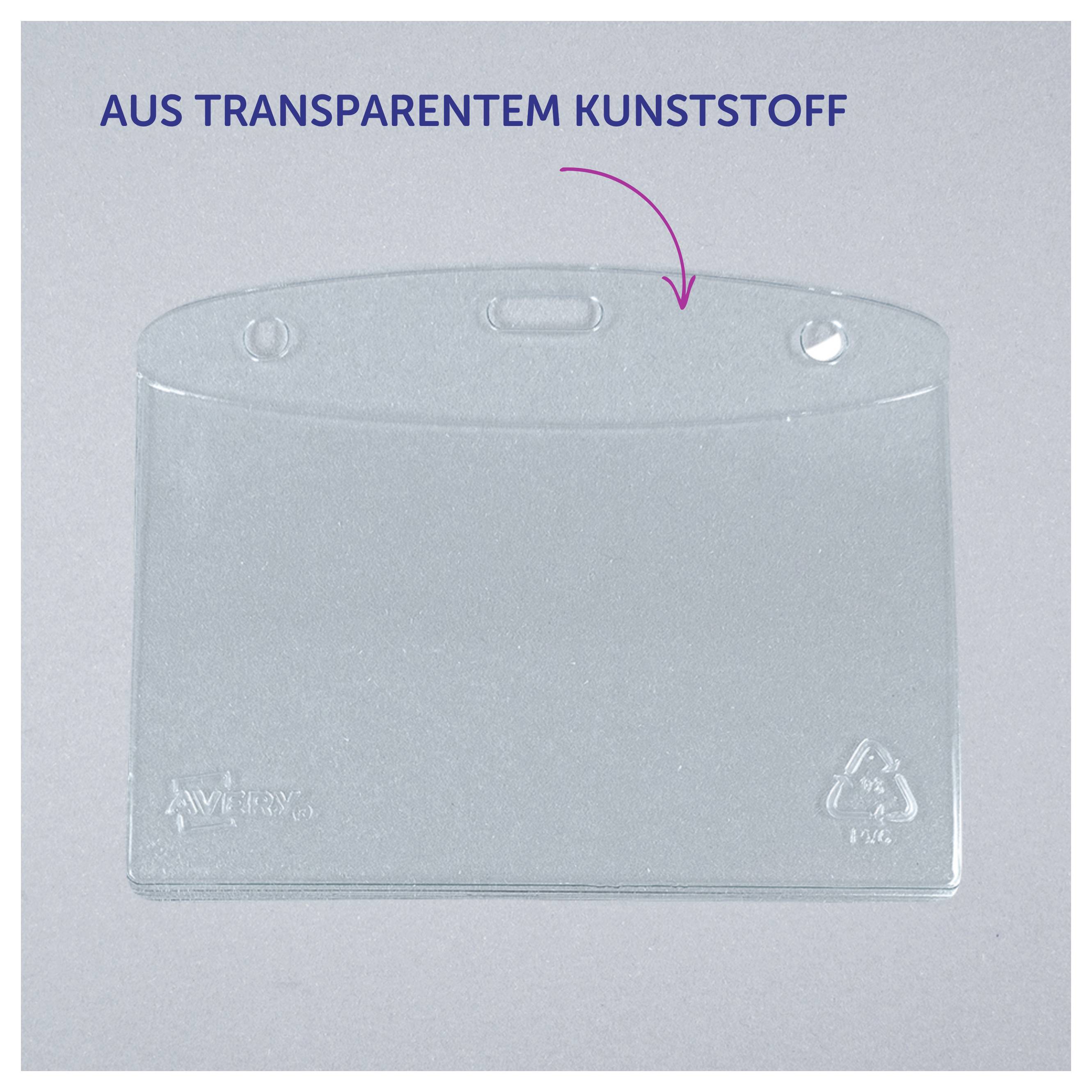 Transparente Kunststoffhülle mit Aufdruck 'AUS TRANSPARENTEM KUNSTSTOFF' und Pfeil, der auf die obere Kante zeigt.